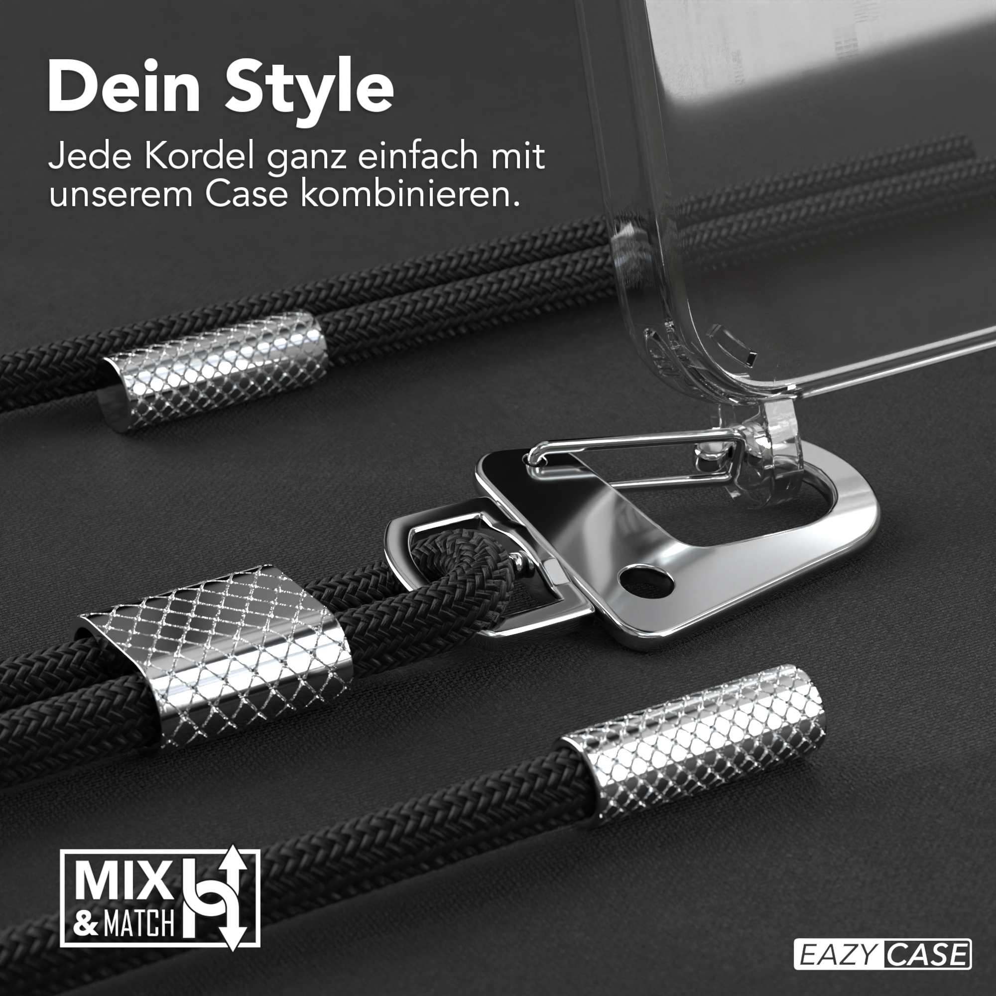 Nahaufnahme eines Lanyards mit angebrachtem Handycase. Zeigt die einfach zu verbindende Funktion und den Text 'mix and match'.