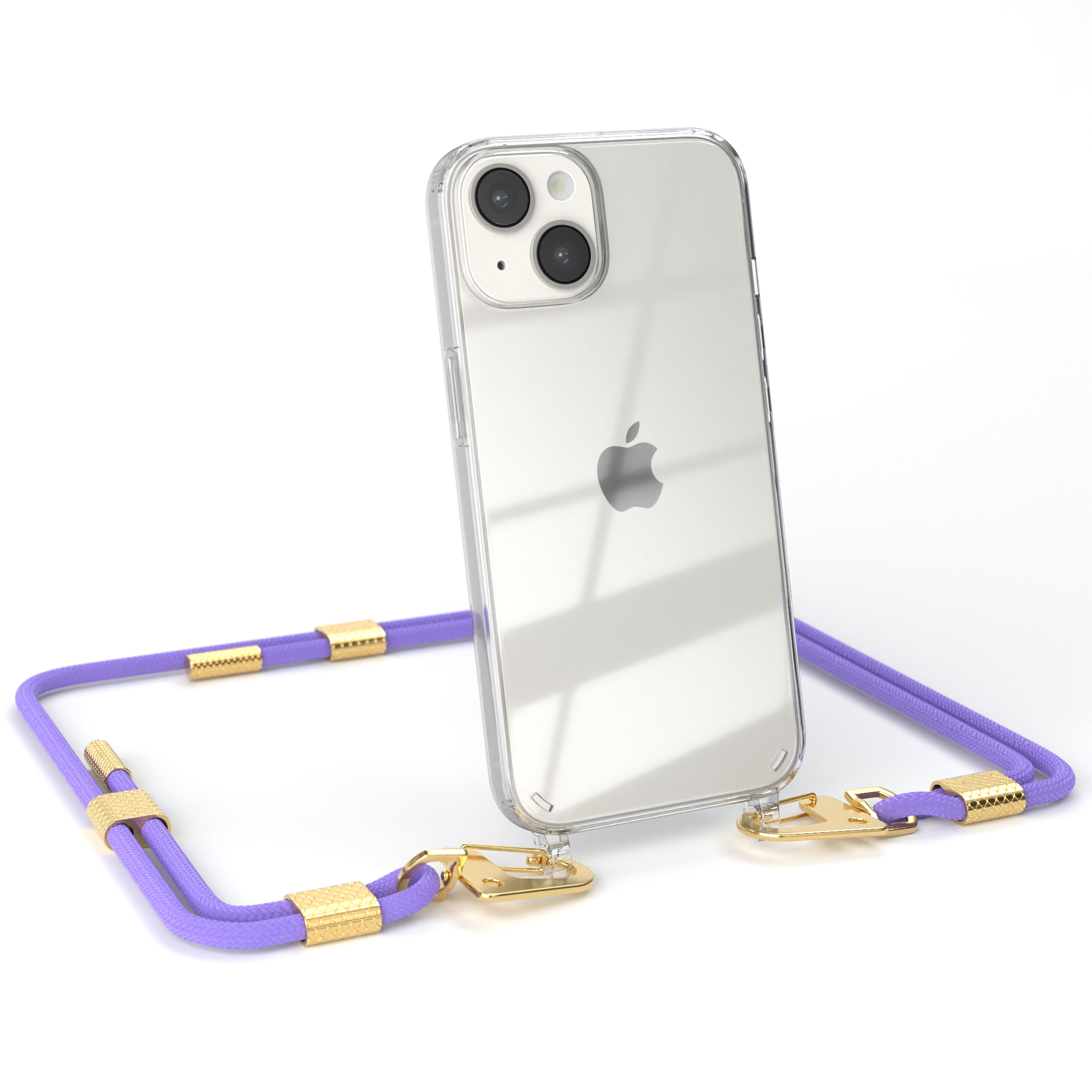 EAZY CASE Transparente Handyhülle mit / Flieder iPhone Umhängetasche, Lila runder Karabiner, 14, Gold + Kordel Apple