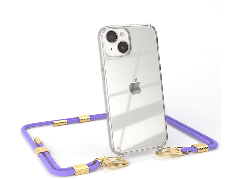 EAZY CASE Transparente Handyhülle mit runder Kordel + Karabiner, Umhängetasche, Apple, iPhone 14, Flieder Lila / Gold