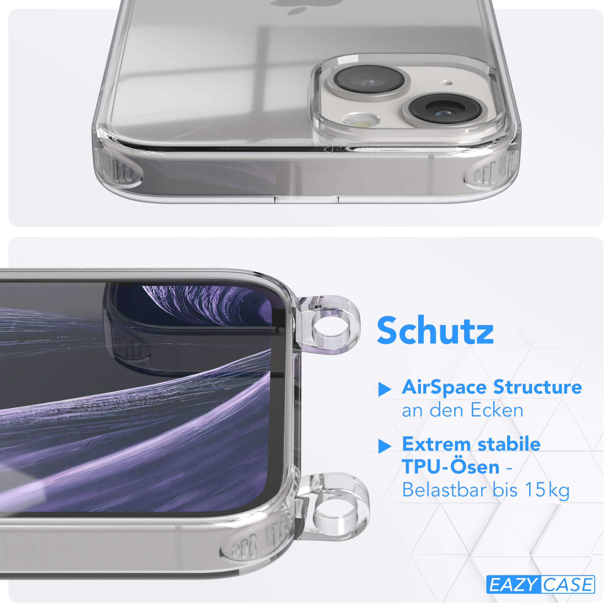 EAZY CASE Transparente Handyhülle mit runder Apple, / 14, Kordel + iPhone Umhängetasche, Flieder Lila Gold Karabiner