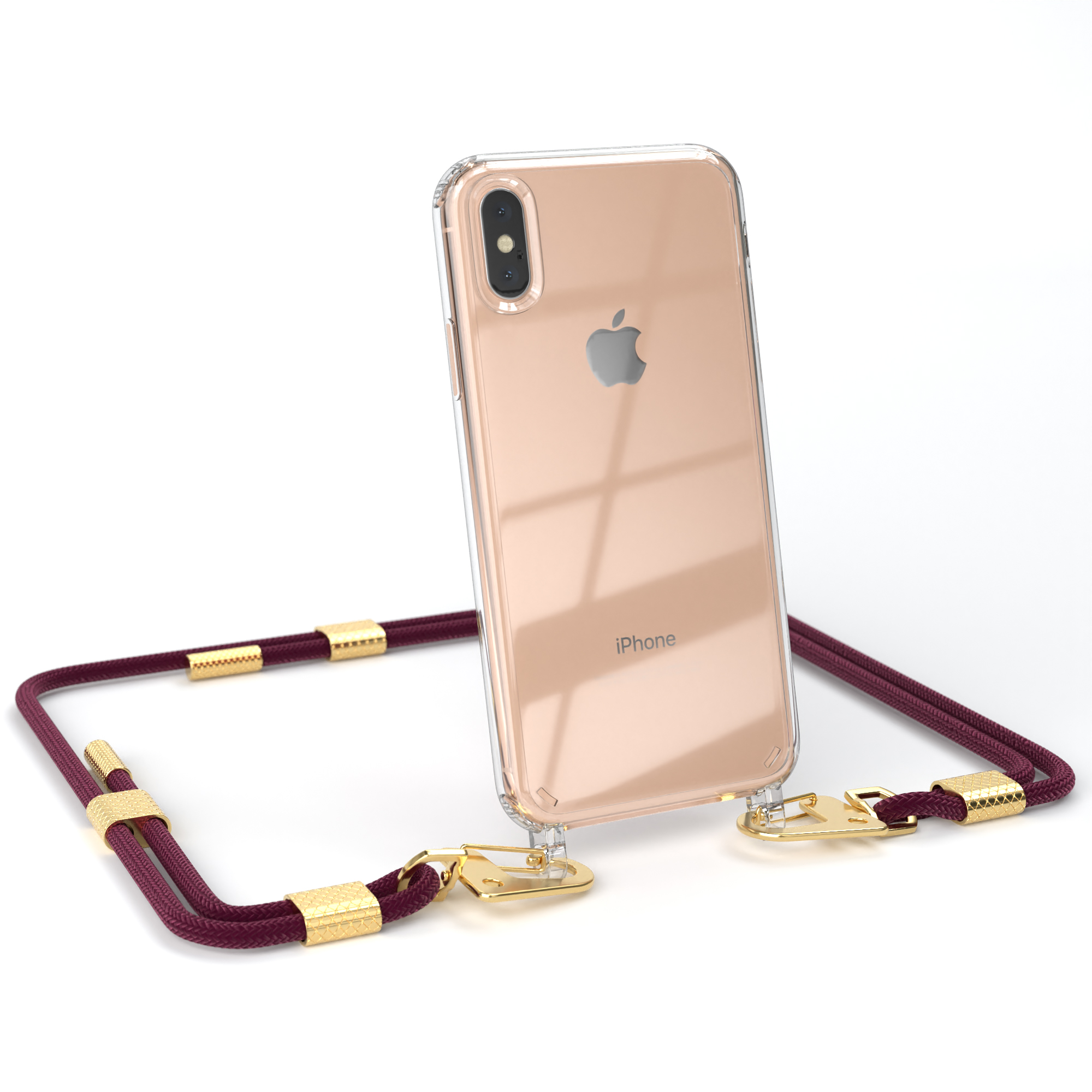 Handyhülle Bordeaux Max, mit runder CASE + EAZY XS / Apple, iPhone Umhängetasche, Kordel Gold Karabiner, Transparente