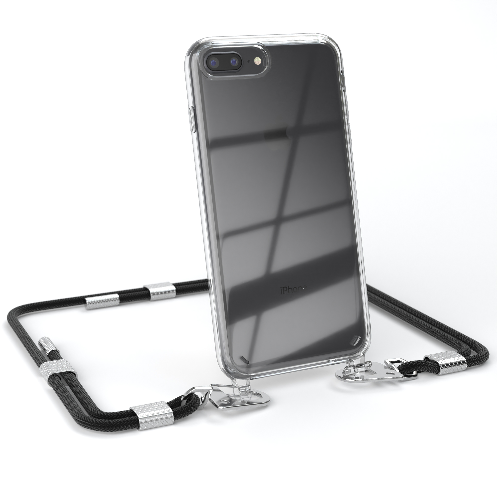 Klares Telefon mit schwarzem Kabel. Kabel hat silberne Akzente und ist am Telefon befestigt.