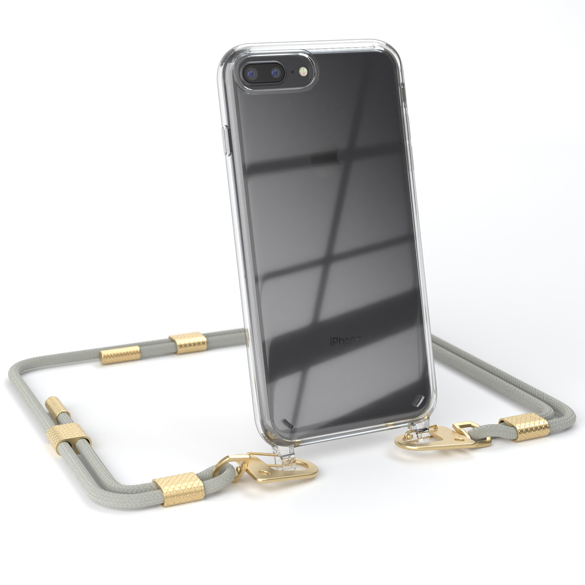 iPhone in klarer Hülle mit grauem Kordel. Goldakzente am Kordel.