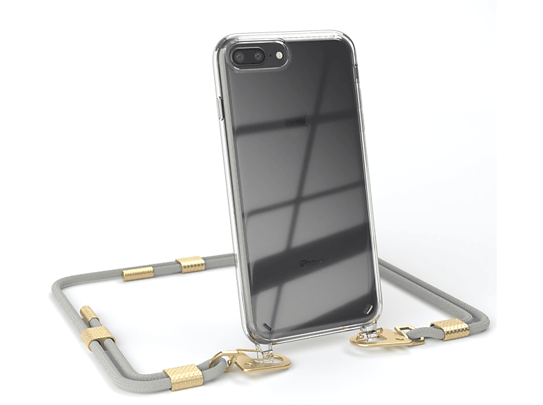 EAZY CASE Transparente Handyhülle mit / Matt 8 Beige Plus, + 7 Apple, Kordel Gold Umhängetasche, iPhone runder Karabiner, Plus Taupe 