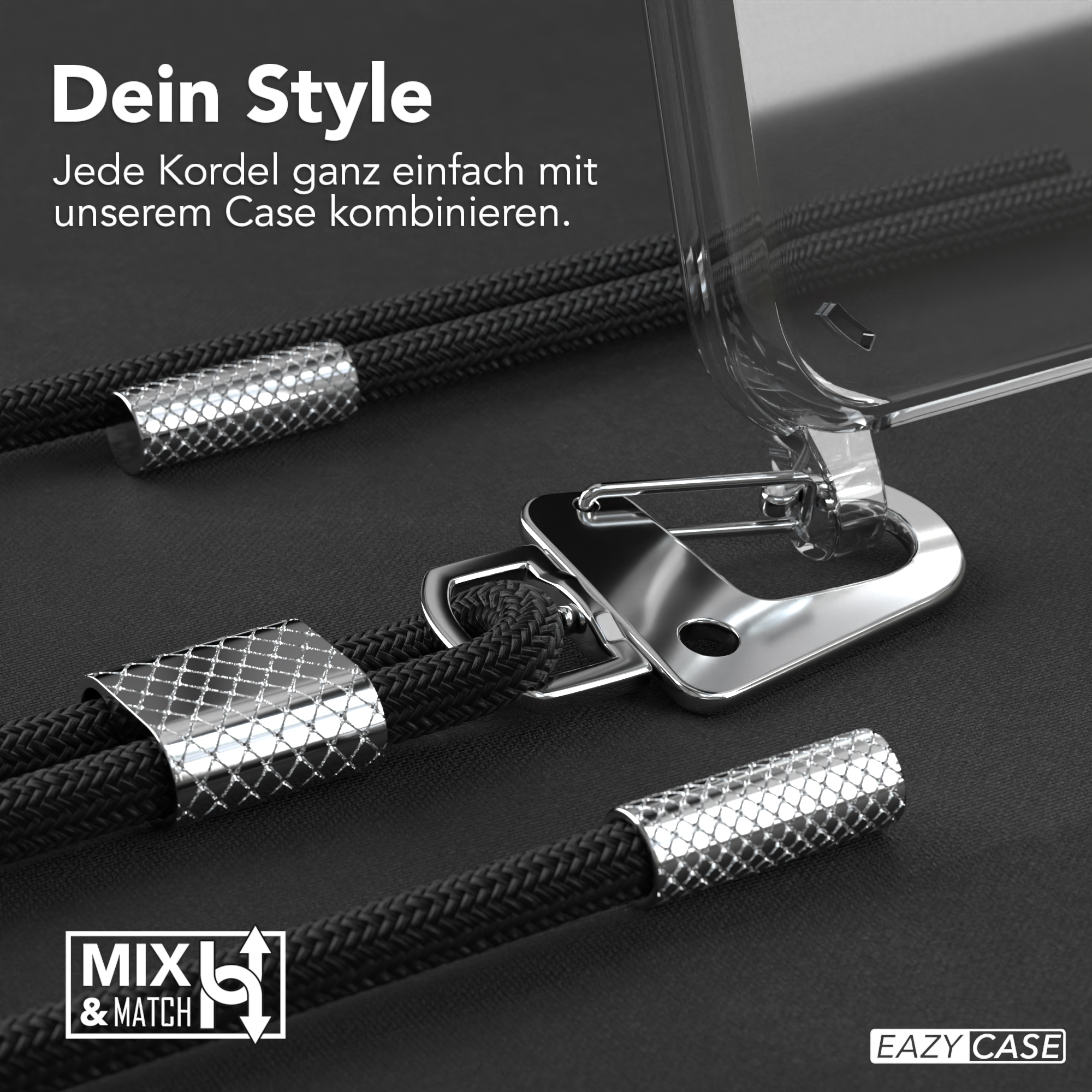 Nahaufnahme des Telefonzubehörs, schwarze Kordeln mit Metallenden, transparente Hülle. Text: Dein Style, einfach kombinieren.