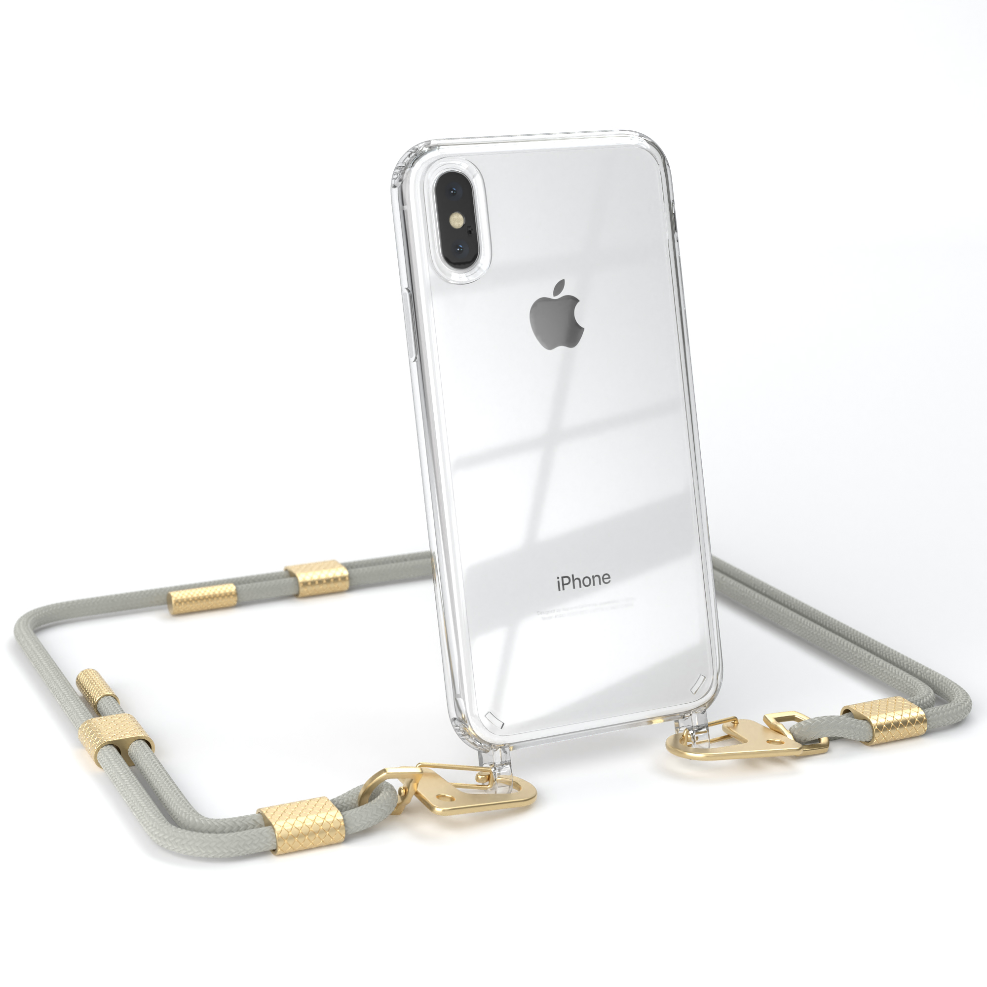 Transparente Handyhülle mit grauem Seil. Das Telefon hat das Apple-Logo. Weißer Hintergrund.