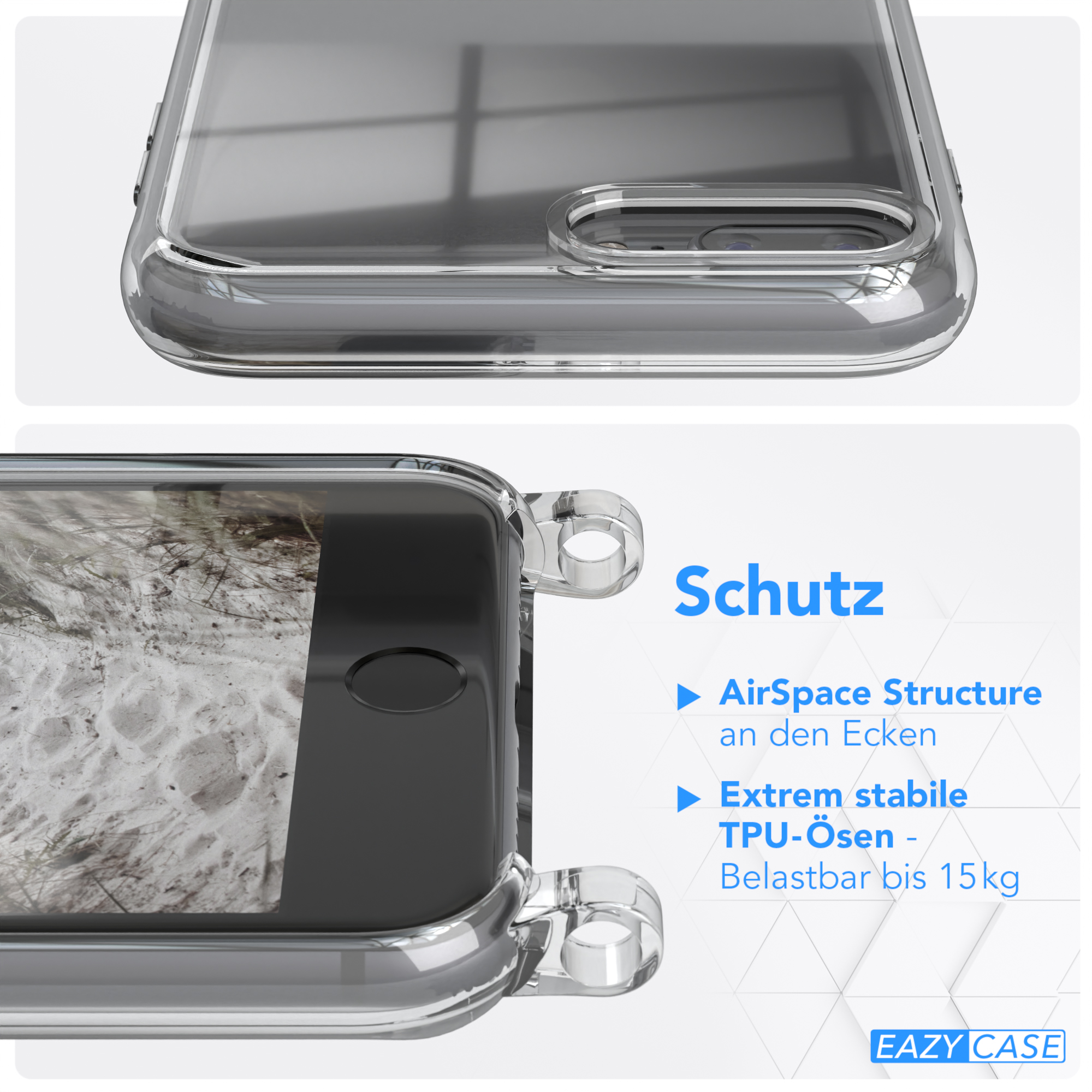 Detail der durchsichtigen Handyhülle mit Ring. Text: Schutz, AirSpace-Struktur, TPU-Ösen, Eazy Case.