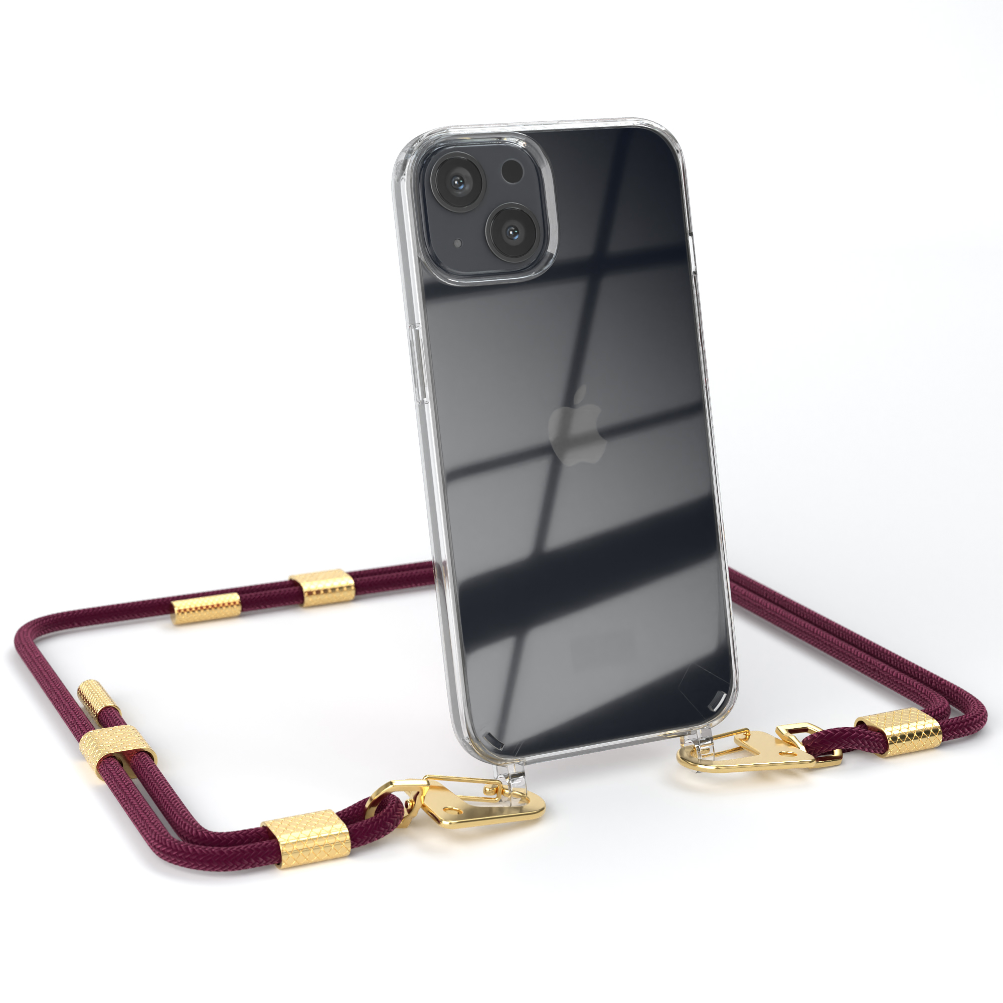 Eine transparente iPhone-Hülle mit weinroter Kordel, goldenen Akzenten und einem iPhone.