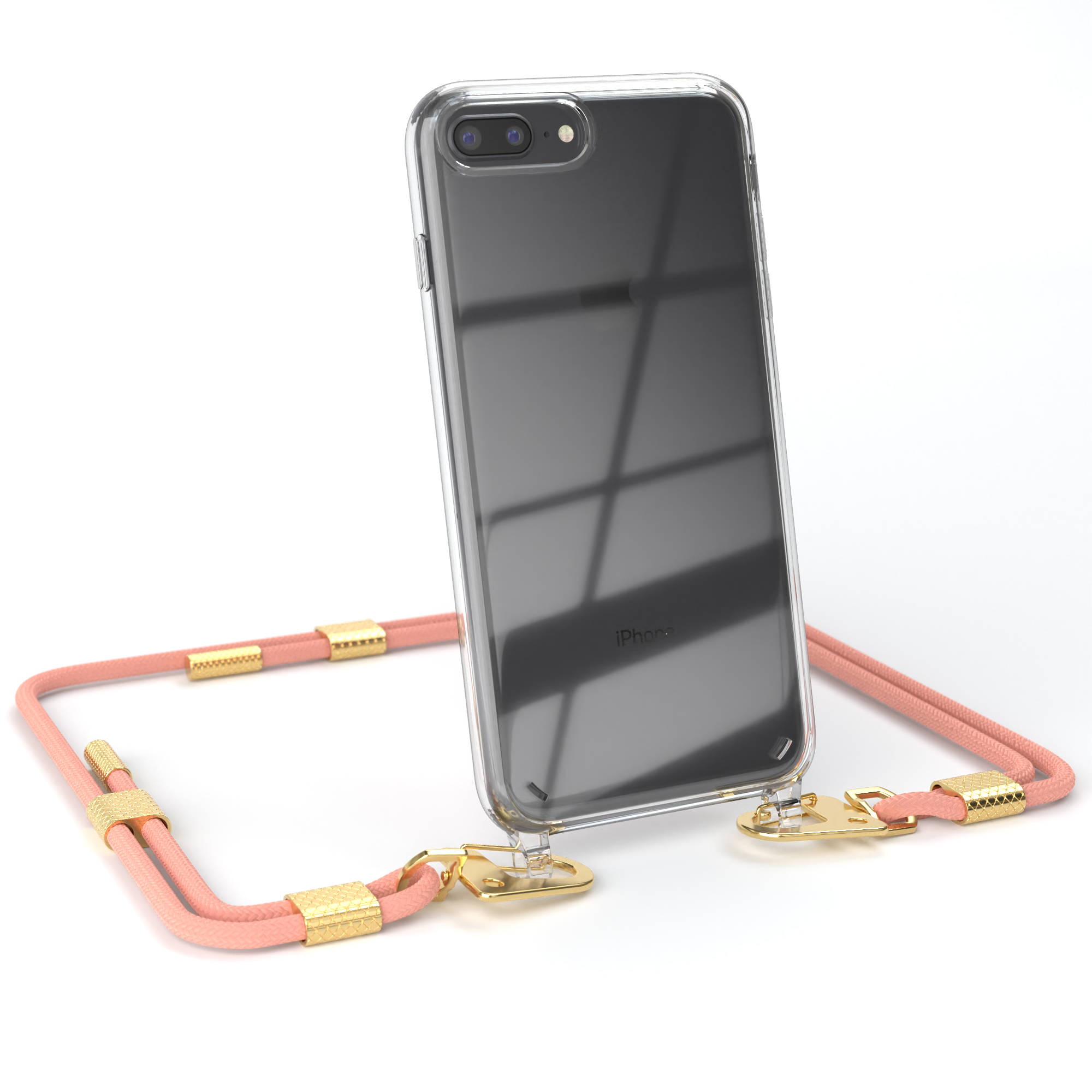 Klares Telefon mit rosa Band. Das Telefon lehnt an etwas.