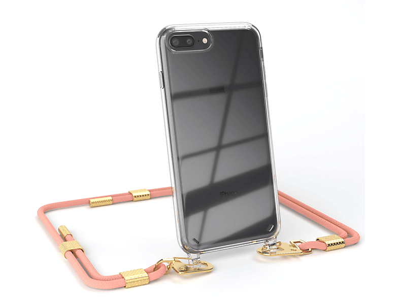 EAZY CASE Transparente Handyhülle mit Umhängetasche, Gold + Kordel / 7 Karabiner, Plus runder iPhone Altrosa Plus, 8 / Apple