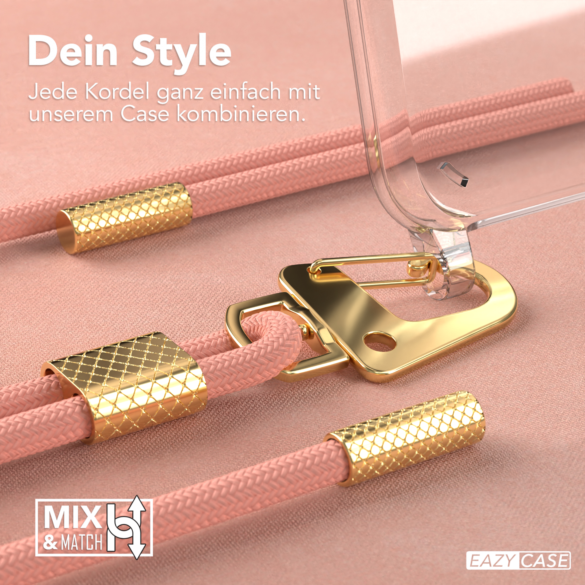 Nahaufnahme von Handy-Lanyard- und Gehäusekomponenten: Gold und Rosa.