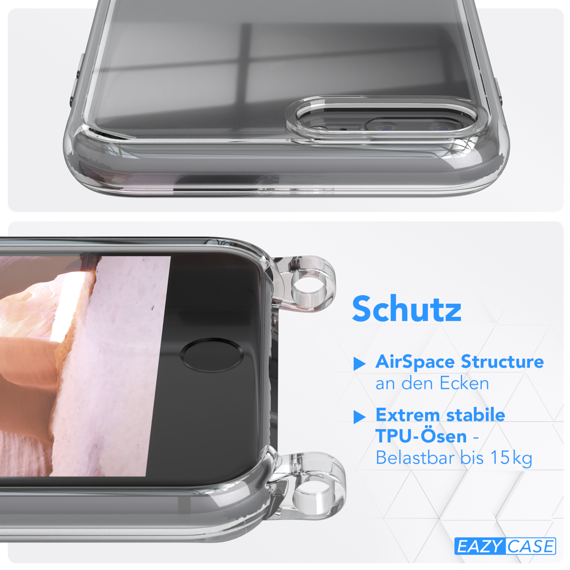 EAZY CASE / Handyhülle Karabiner, Gold Umhängetasche, 8 runder Plus Kordel Transparente mit Plus, Apple, / + 7 iPhone Altrosa