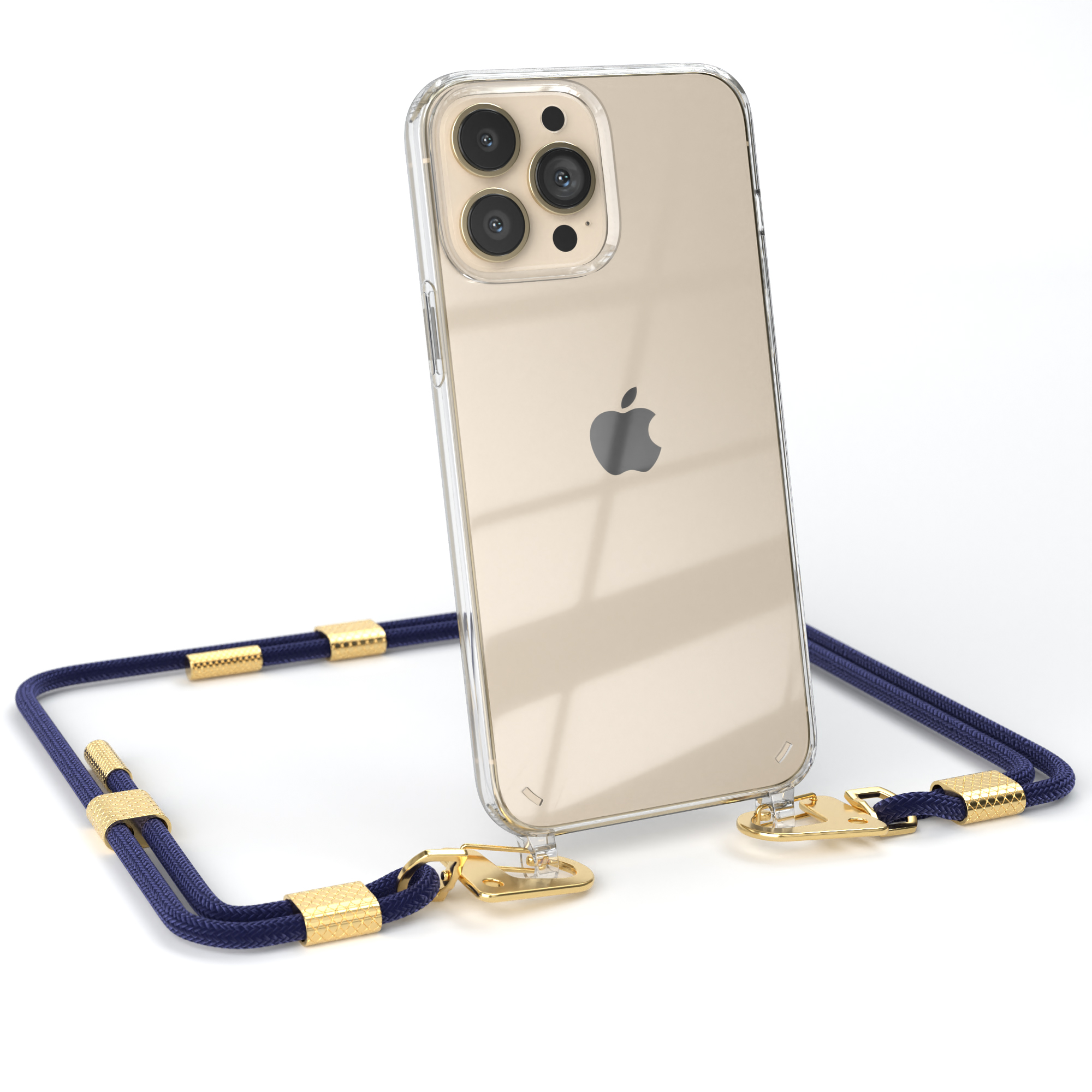 Telefon mit klarer Hülle und blau-goldenem Schlüsselband. Goldene Details am Schlüsselband.
