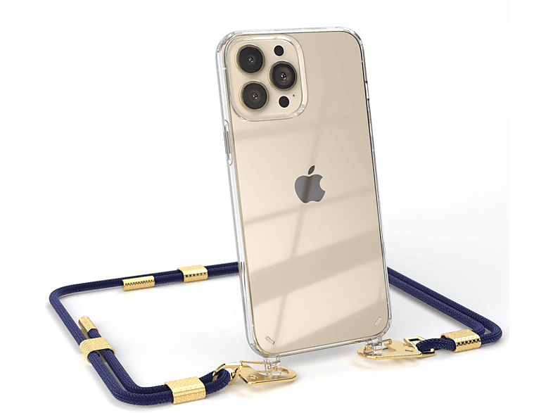 EAZY CASE Transparente Handyhülle mit runder Kordel + Karabiner, Umhängetasche, Apple, iPhone 13 Pro Max, Nachtblau / Gold