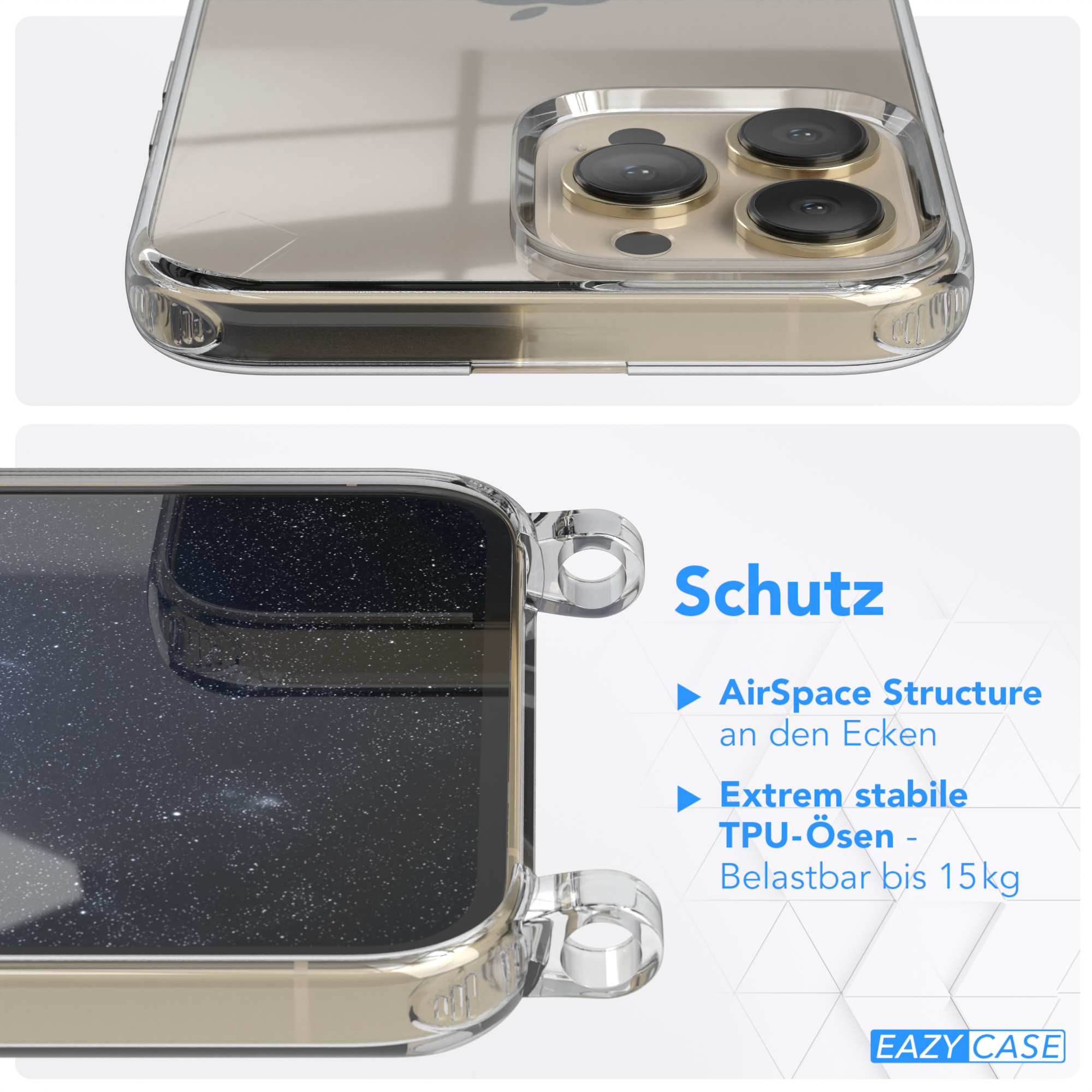 Transparente Kordel Max, Pro 13 Nachtblau mit Handyhülle Apple, EAZY Umhängetasche, / runder + Karabiner, iPhone CASE Gold