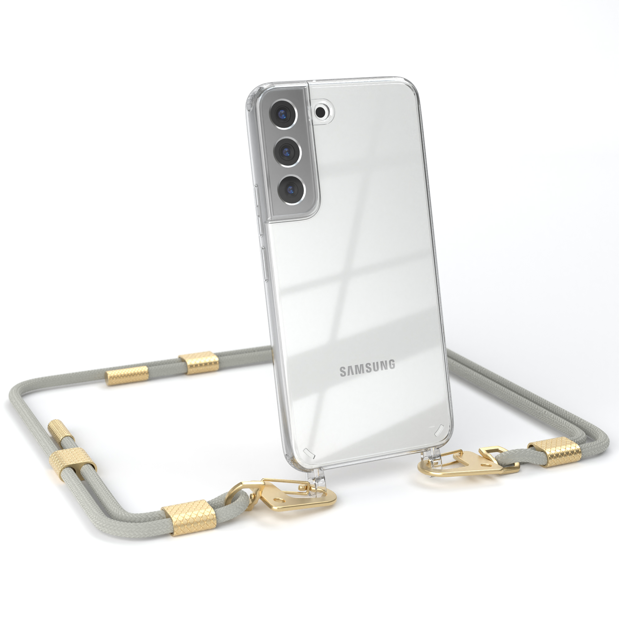 5G, Galaxy Samsung, Handyhülle Transparente Taupe / Umhängetasche, CASE Gold Karabiner, Beige EAZY Matt mit runder Kordel S22 +