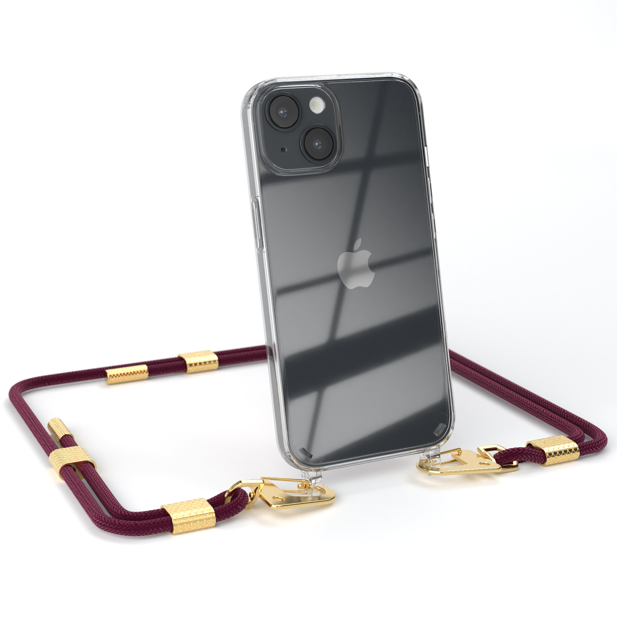 EAZY CASE Transparente Bordeaux Apple, mit + Gold 14, Umhängetasche, Handyhülle Kordel iPhone runder Karabiner, 