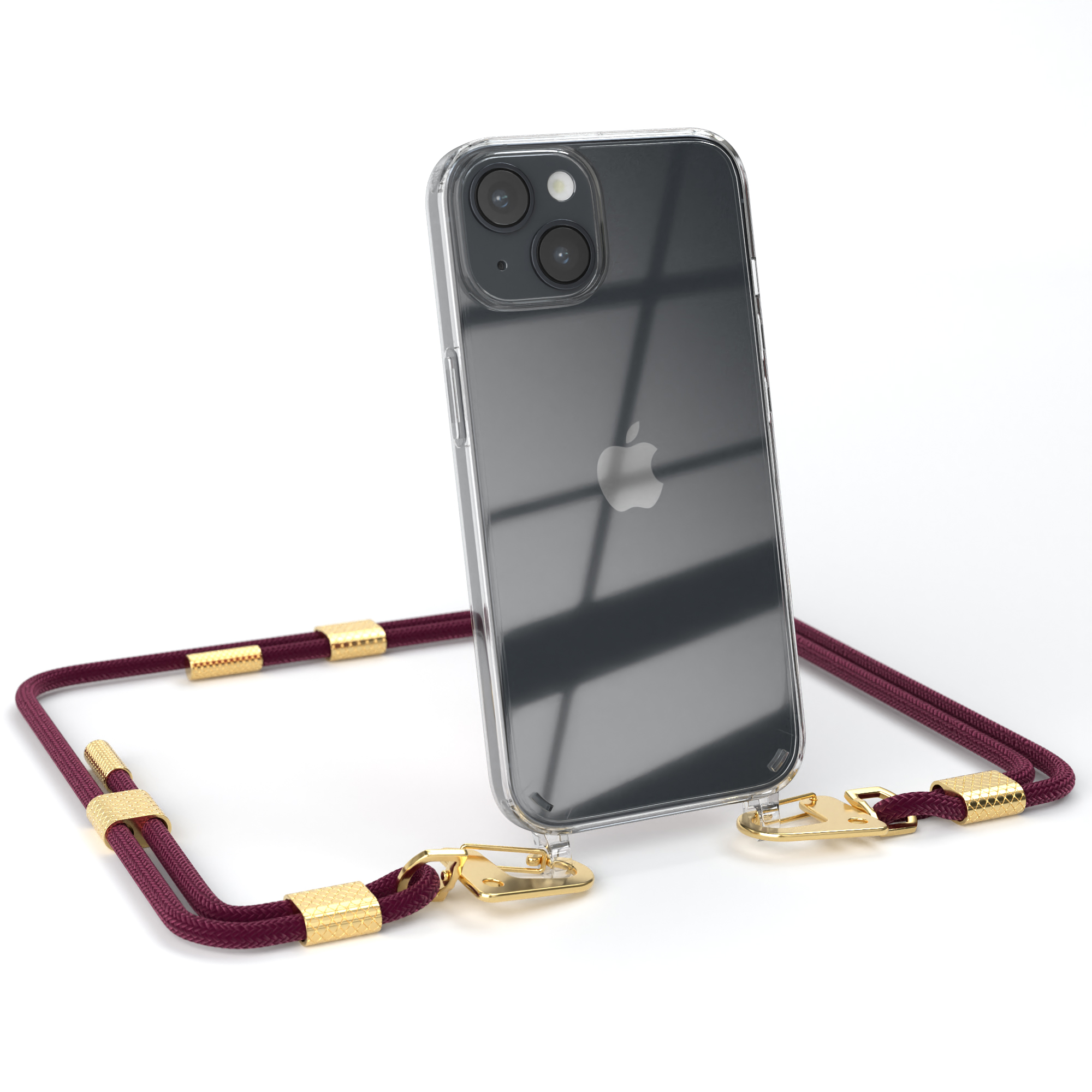 Transparente Handyhülle mit bordeauxfarbenem Kabel. Goldene Verschlüsse und weißer Hintergrund. Apple-Logo sichtbar.