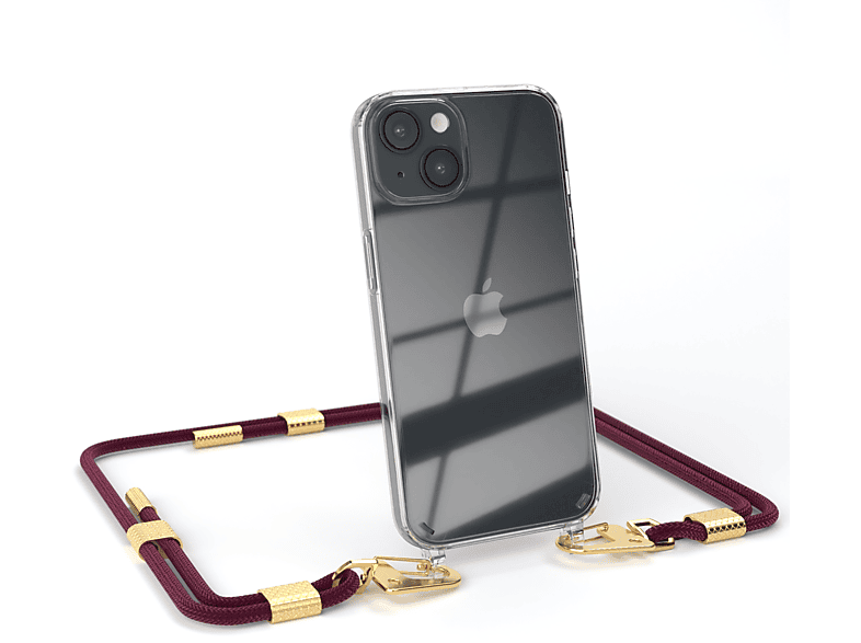 EAZY CASE Transparente Handyhülle mit 14, + iPhone / Gold Bordeaux Kordel Umhängetasche, Karabiner, Apple, runder