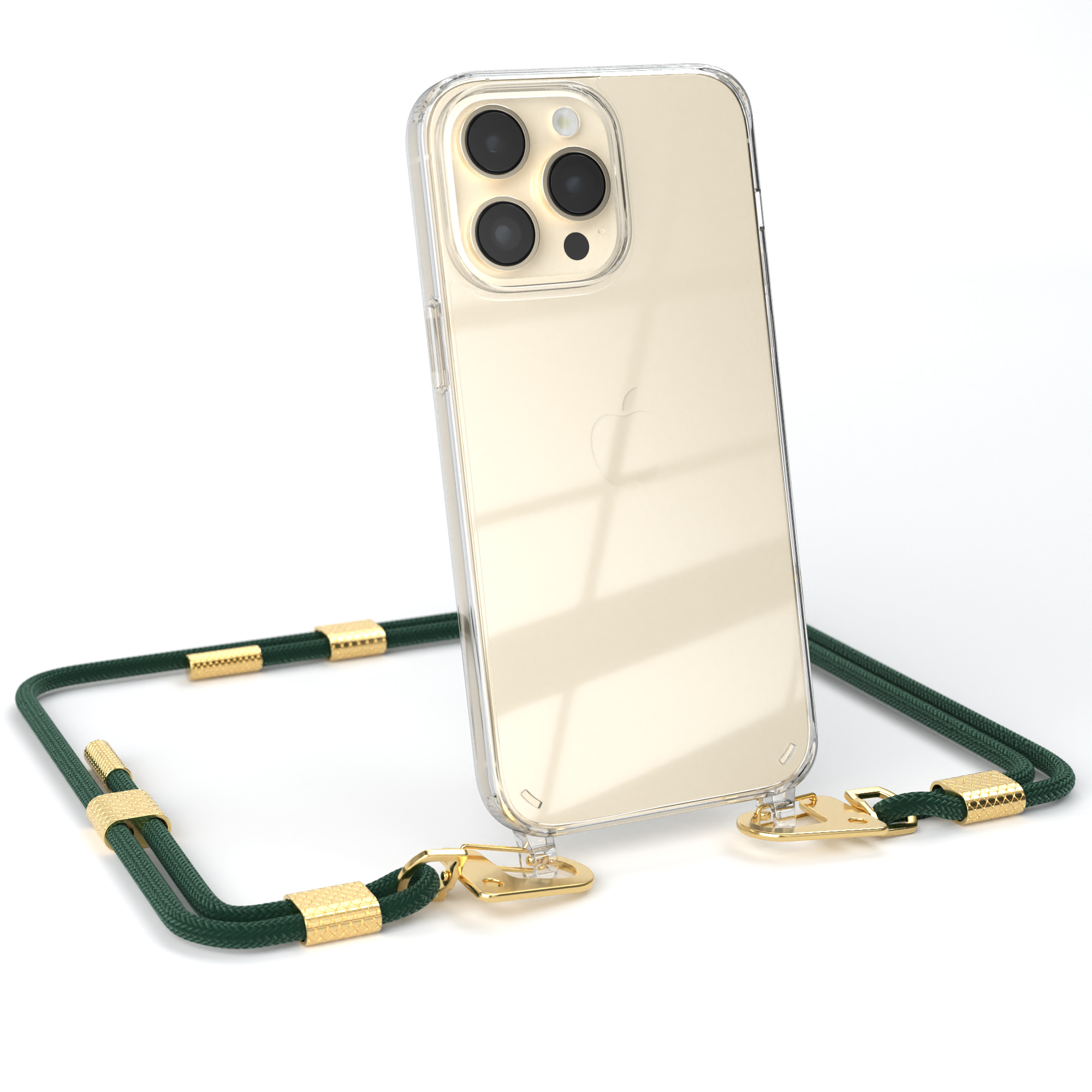 Goldenes iPhone mit grünem Handygurt auf weißer Oberfläche. Transparente Hülle.