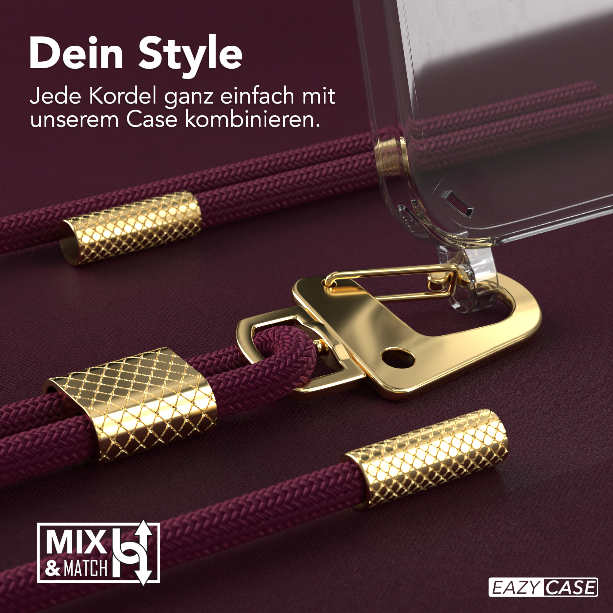 Nahaufnahme einer Handyhülle mit Lanyard. Goldfarbene Verschlüsse und Verbinder sind sichtbar.