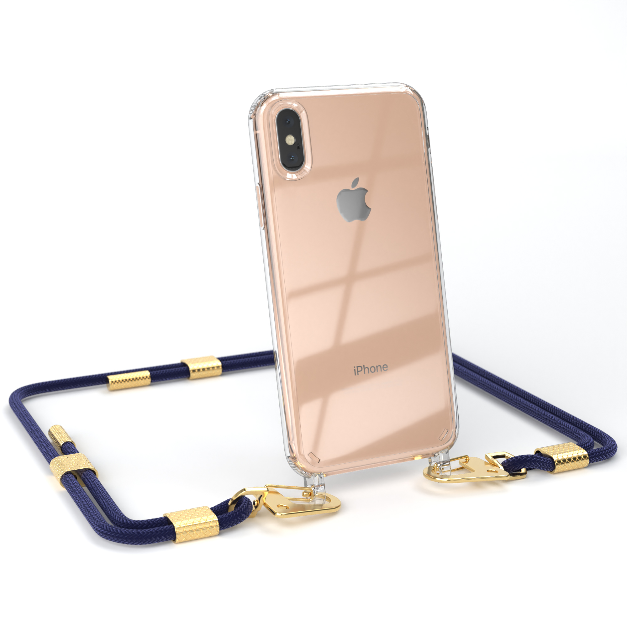 Transparente Handyhülle mit blauer Kordel. iPhone, goldfarbene Akzente. Telefon mittig, weißer Hintergrund.