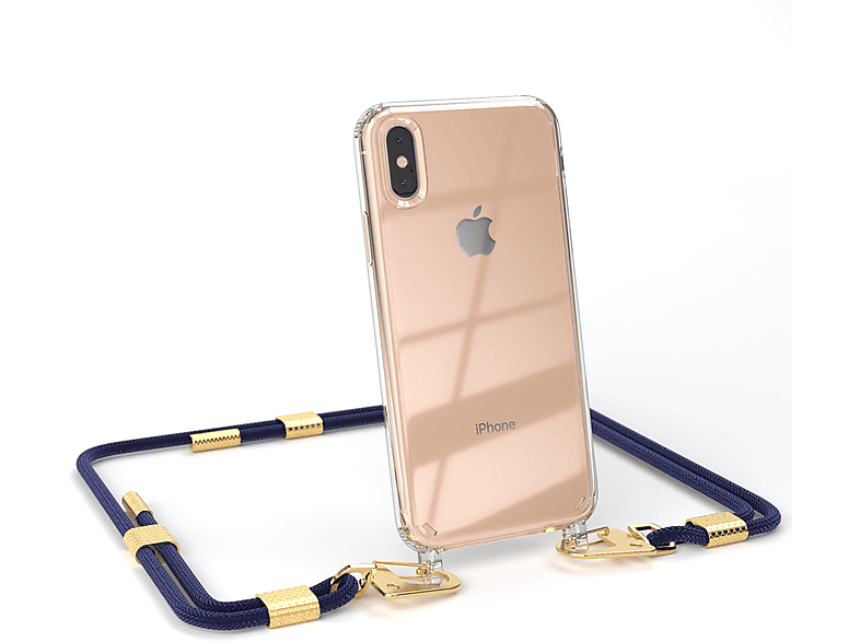 EAZY CASE Transparente Handyhülle mit X XS, / iPhone Umhängetasche, Gold + runder Nachtblau / Kordel Apple, Karabiner