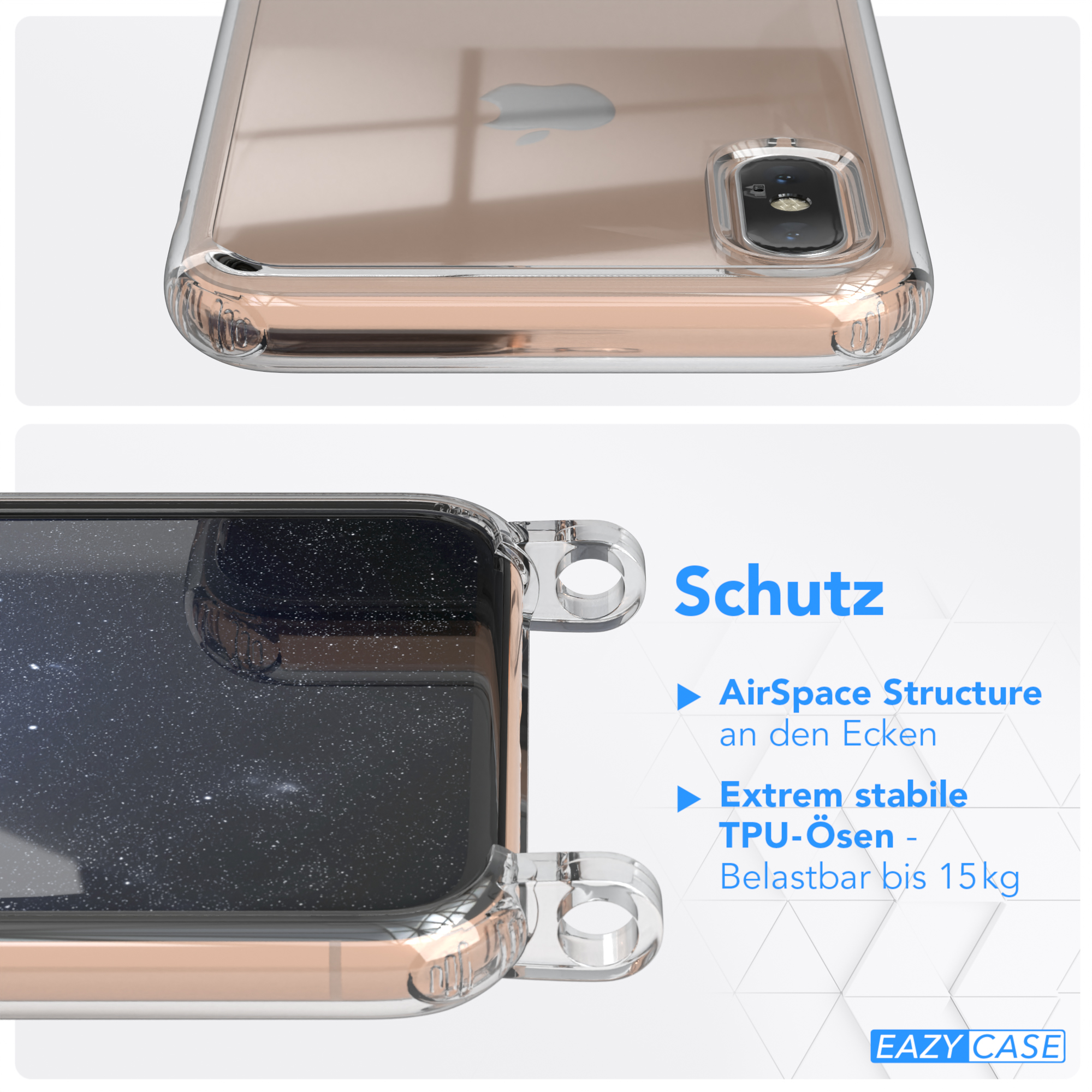 Handyhülle / Nachtblau mit CASE Gold Kordel iPhone XS, Apple, EAZY / Transparente X Umhängetasche, Karabiner, + runder
