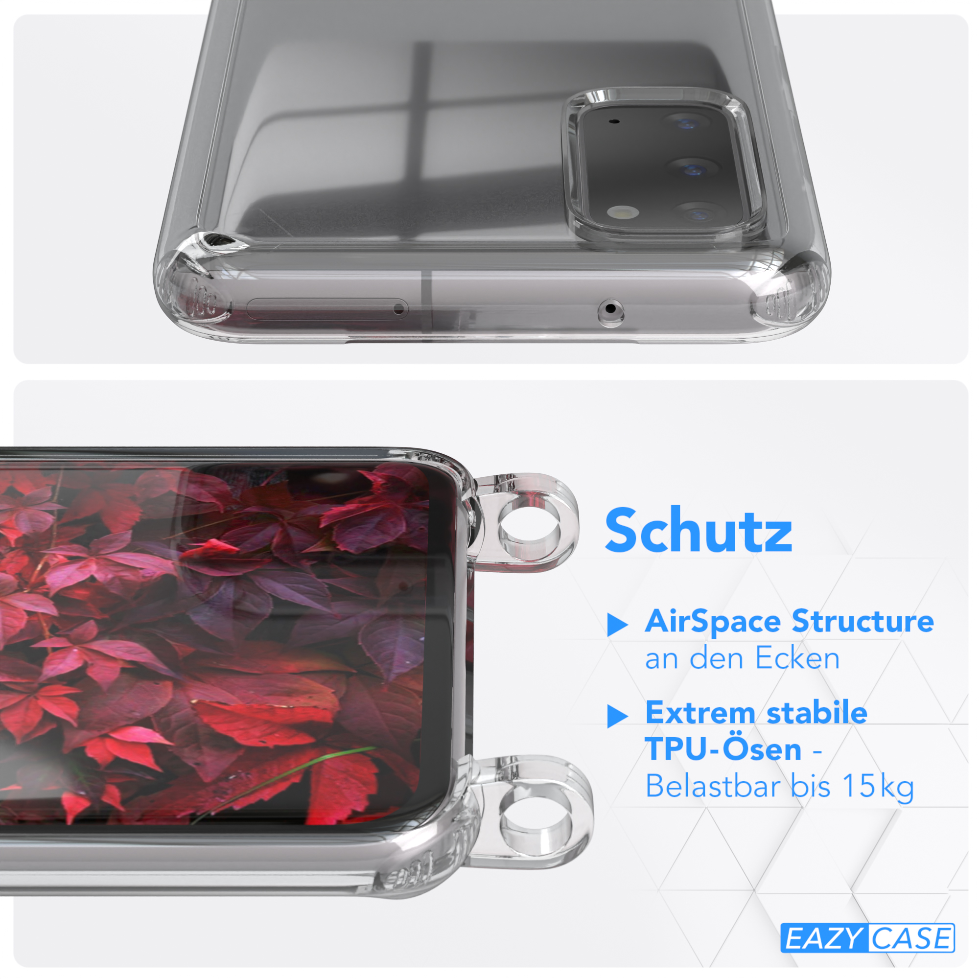 EAZY CASE Transparente Handyhülle Samsung, / Bordeaux Karabiner, Umhängetasche, Gold Kordel + runder mit Galaxy S20
