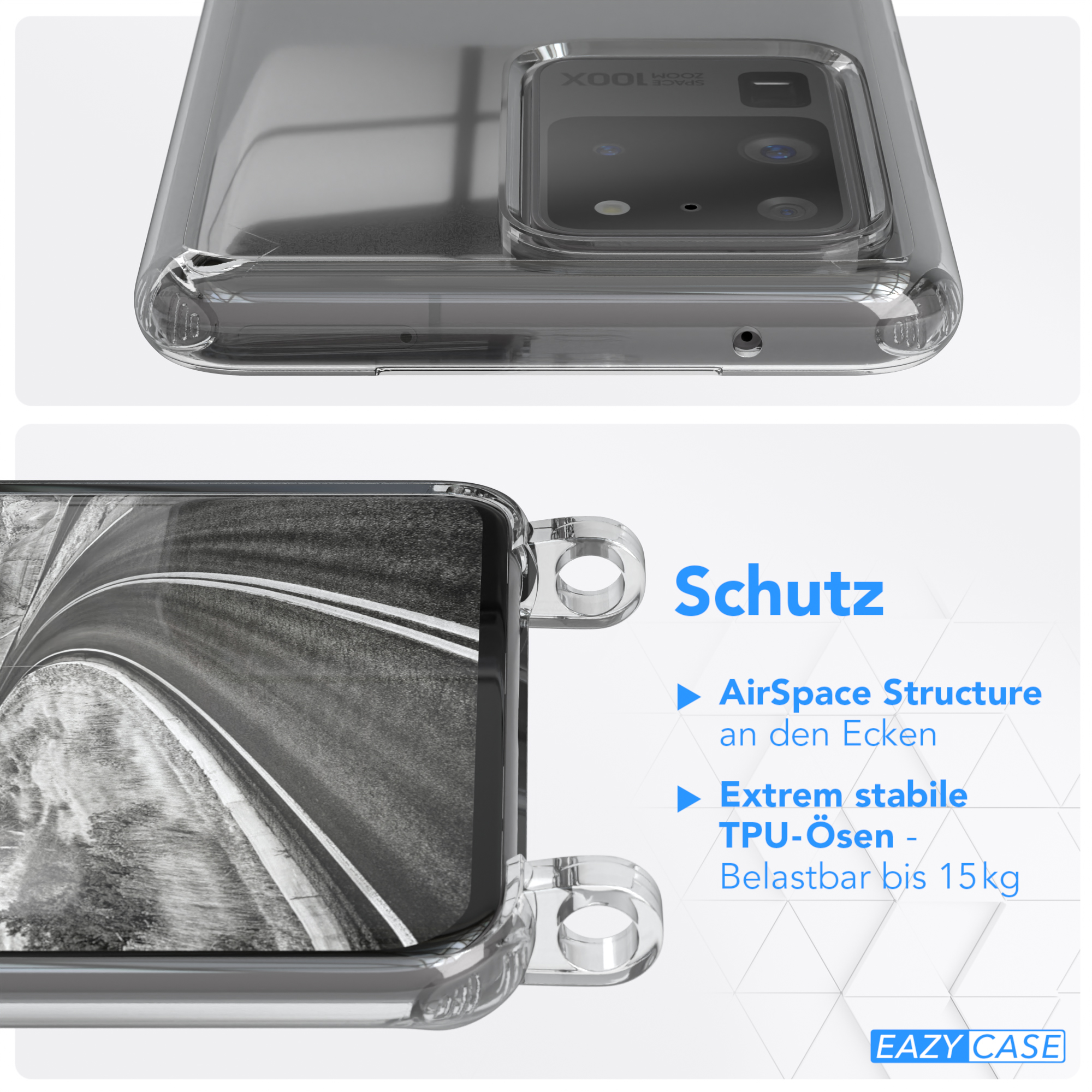 Klare Handyhülle auf einem Telefon. Die Hülle unterstreicht das Design des Telefons. Weißer und blauer Text auf der Hülle.