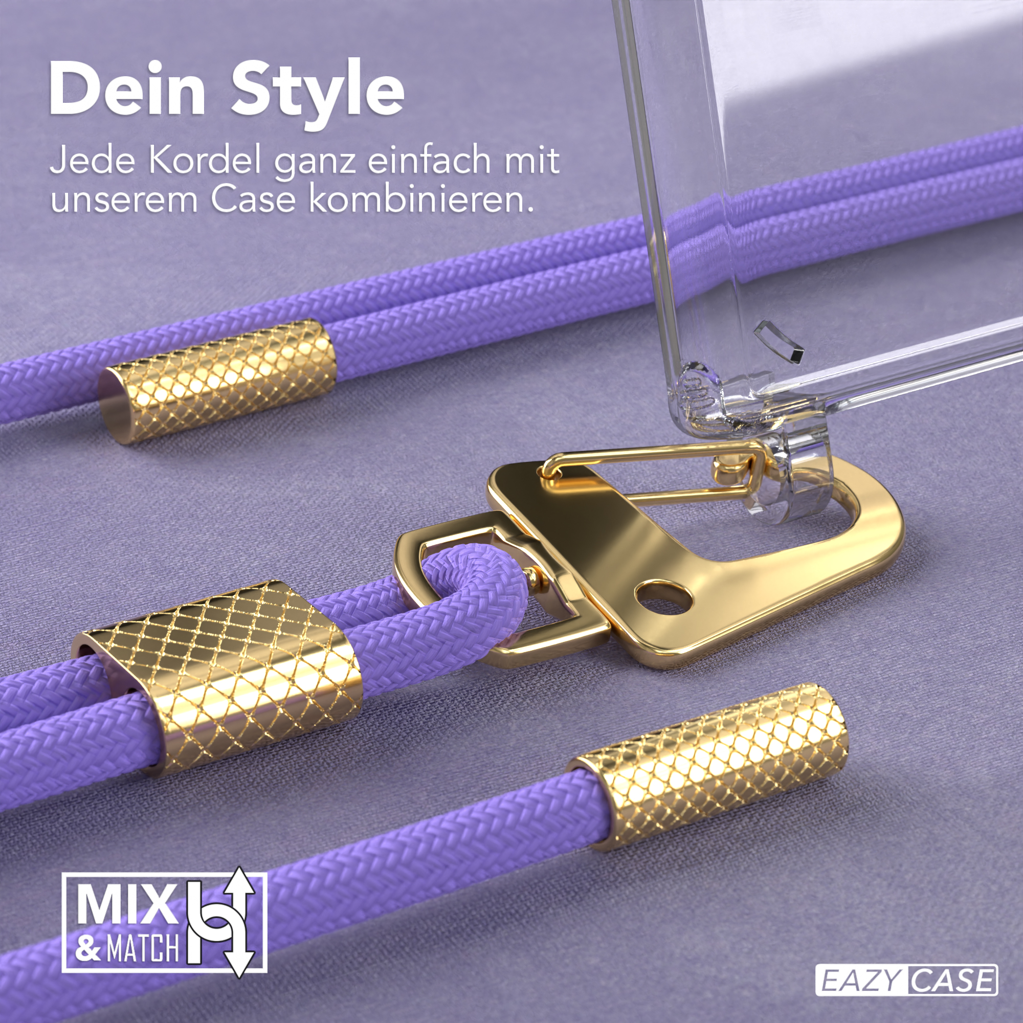 Transparente Handyhülle mit lila Kordel und goldenen Akzenten. Die Kordel ist an der Hülle befestigt.