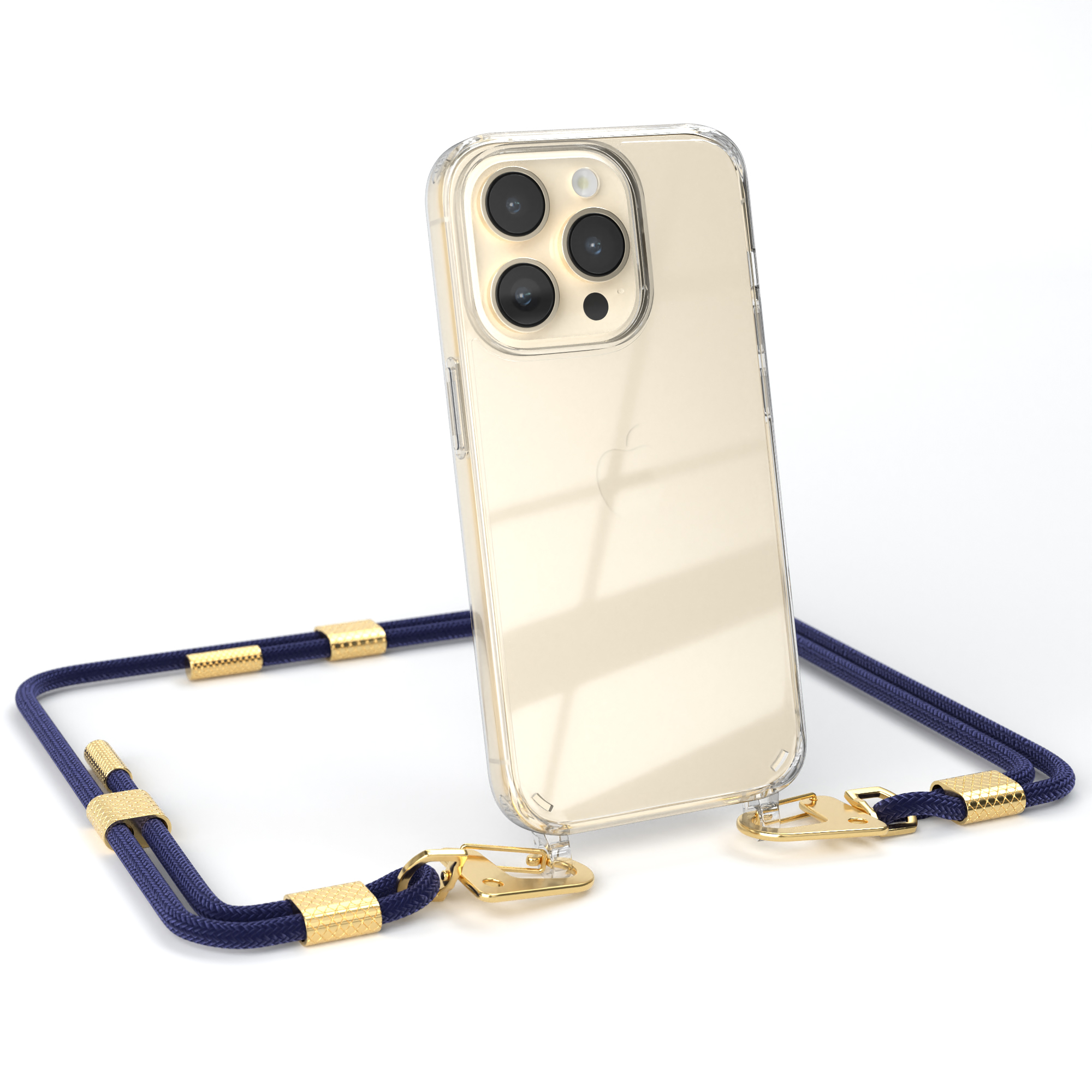 Transparente Handyhülle mit Handy und blauem Band. Band hat goldene Akzente und ist am Handy befestigt.