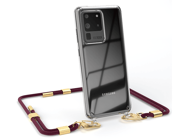 EAZY CASE Kordel S20 Handyhülle Samsung, Umhängetasche, Ultra mit Ultra S20 Karabiner, Galaxy runder / Bordeaux Transparente + / 5G, Gold