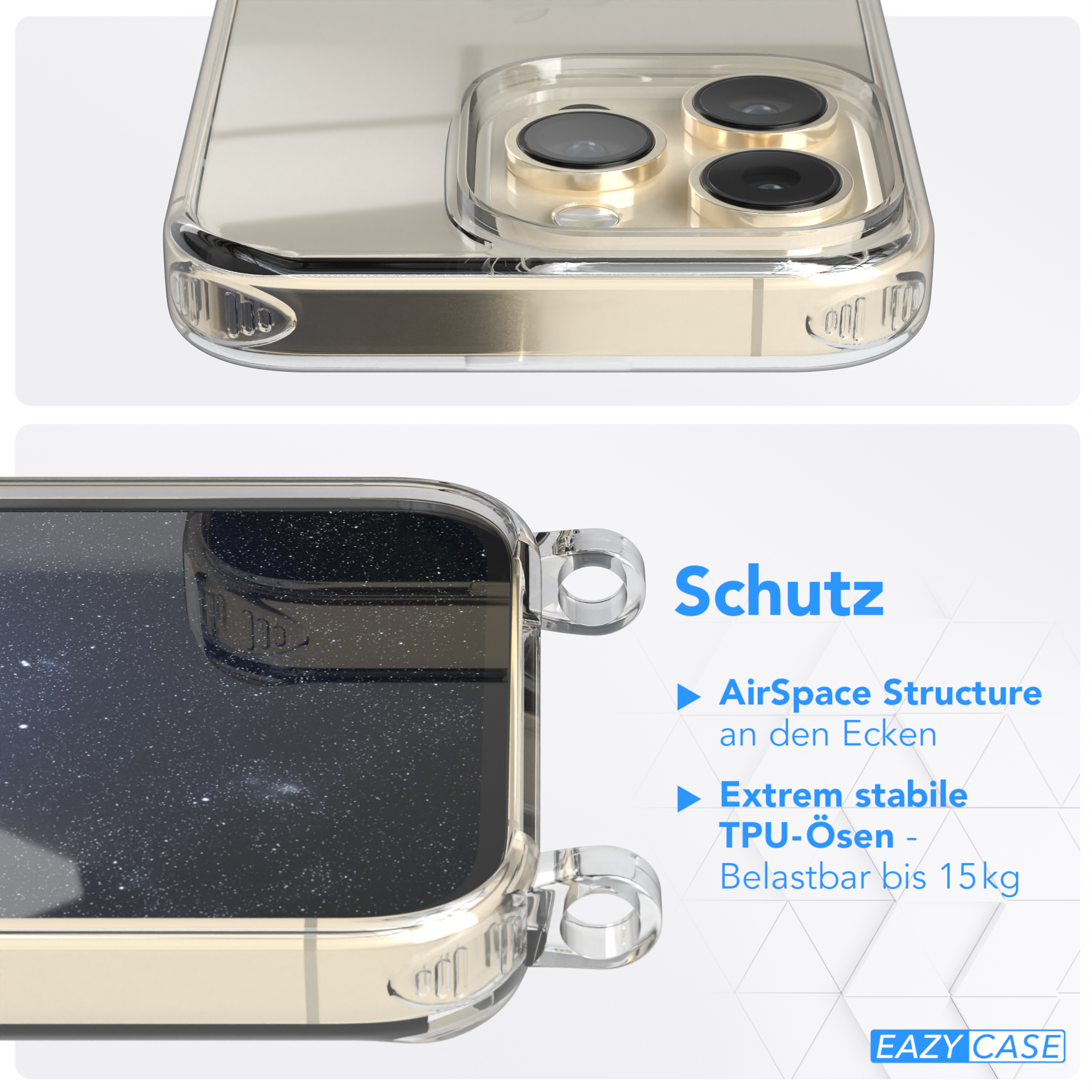 Nahaufnahme einer Handyhülle. Text: Schutz, AirSpace Structure und Extrem stabile TPU-Ösen.