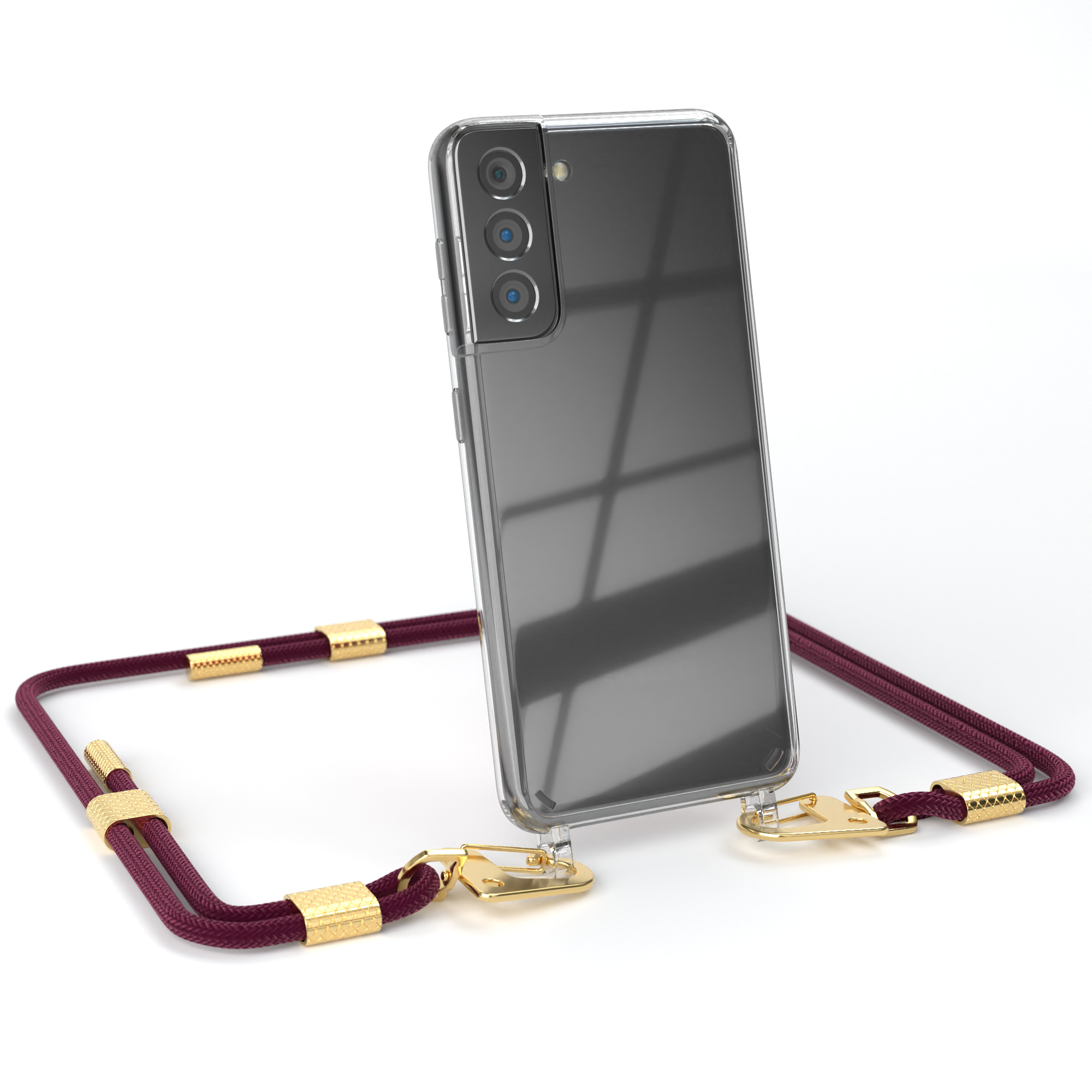 EAZY CASE Transparente Handyhülle / 5G, Kordel Gold runder mit + S21 Bordeaux Karabiner, Samsung, Umhängetasche, Galaxy
