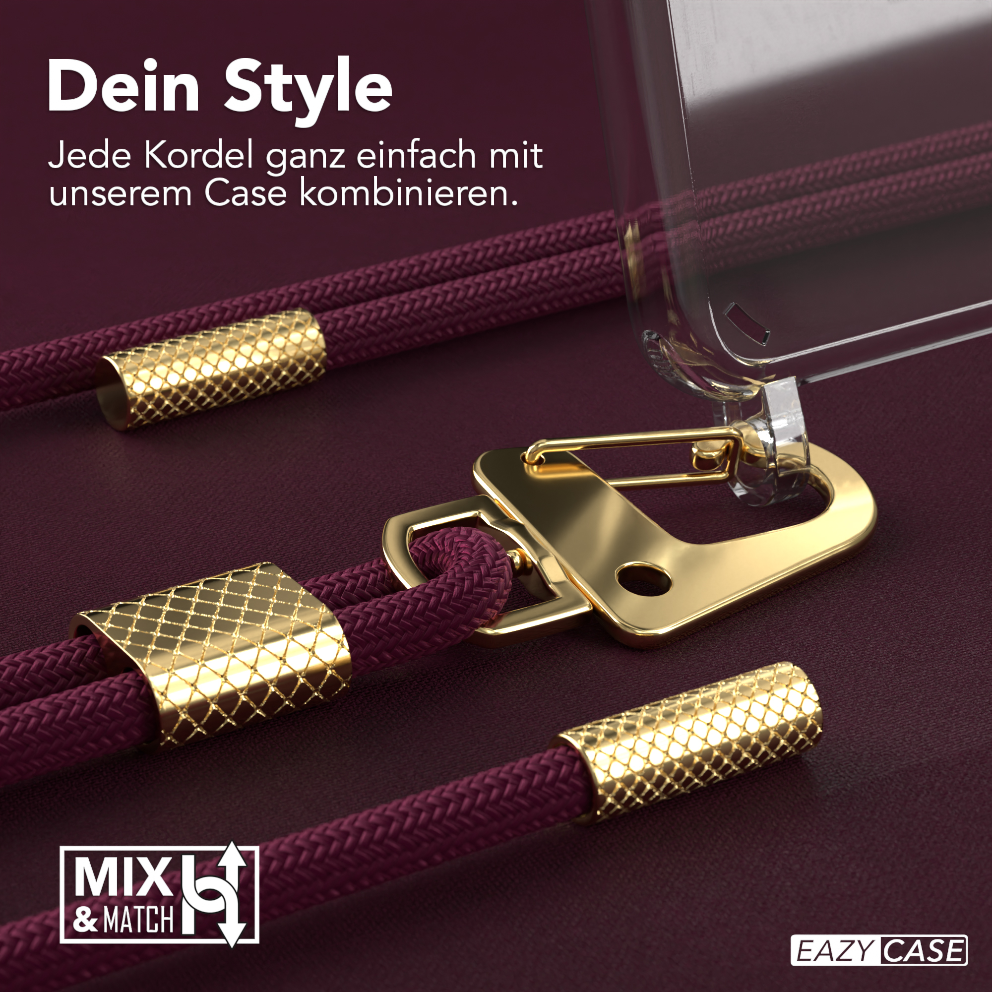Nahaufnahme von Handykordel und Hülle mit Goldakzenten. Text: Dein Style, Easy Case Logo.