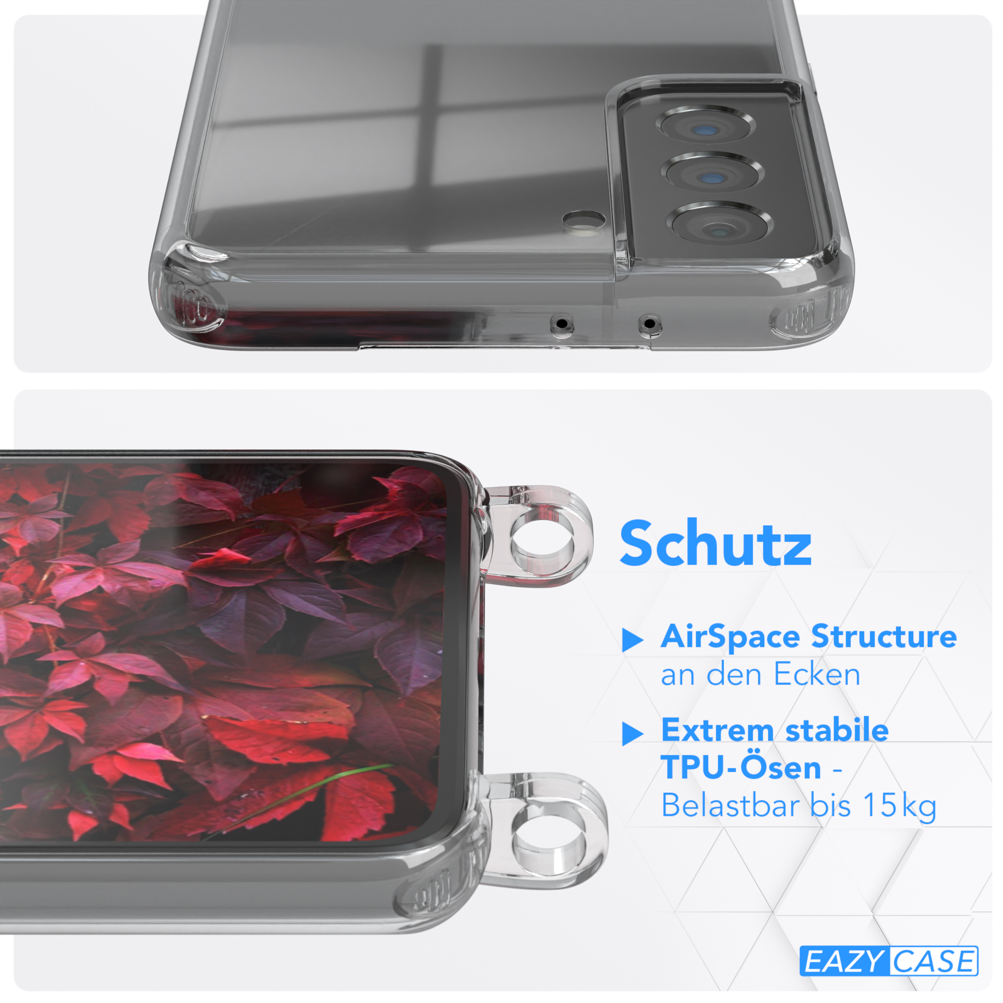 Transparente Handyhülle mit rotem Blätterhintergrund, Schutzfunktionen.