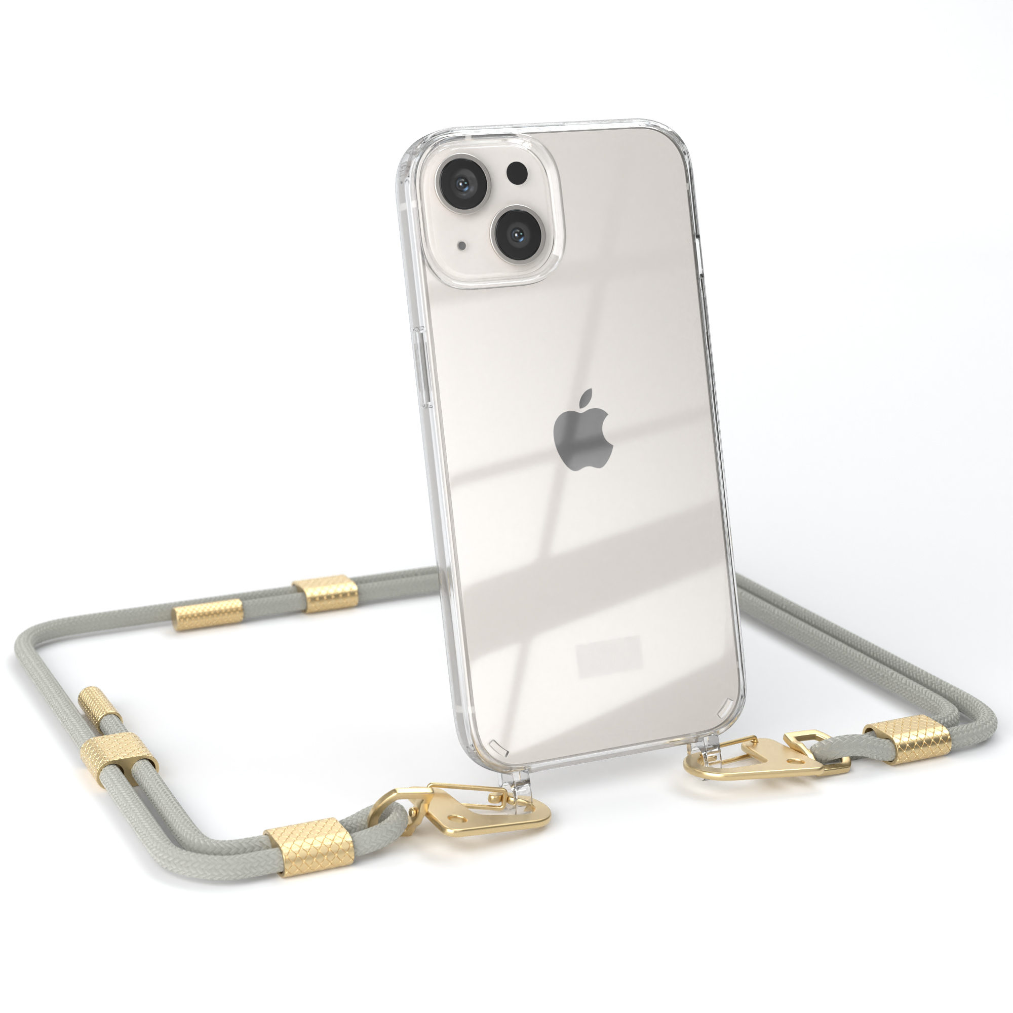 Klares Telefon mit grauem, goldfarbenem Kabel. Das Telefon hat eine transparente Hülle. Weißer Hintergrund.