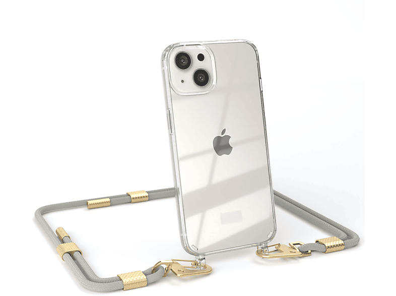 EAZY CASE Transparente Handyhülle mit runder Kordel + Karabiner, Umhängetasche, Apple, iPhone 13, Taupe Beige / Matt Gold