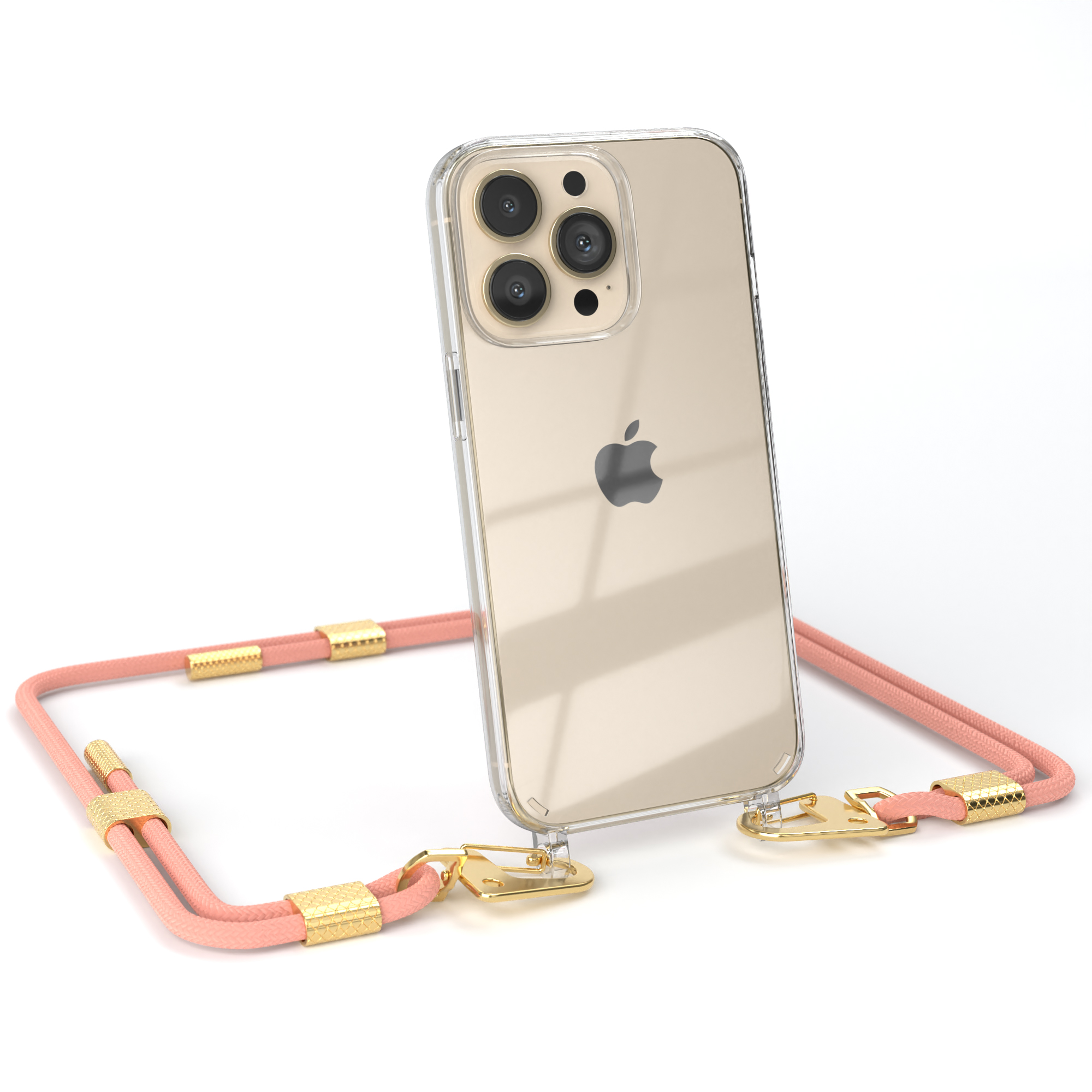 Telefon mit klarer Hülle und rosa Riemen, mit goldfarbenen Metalldetails.