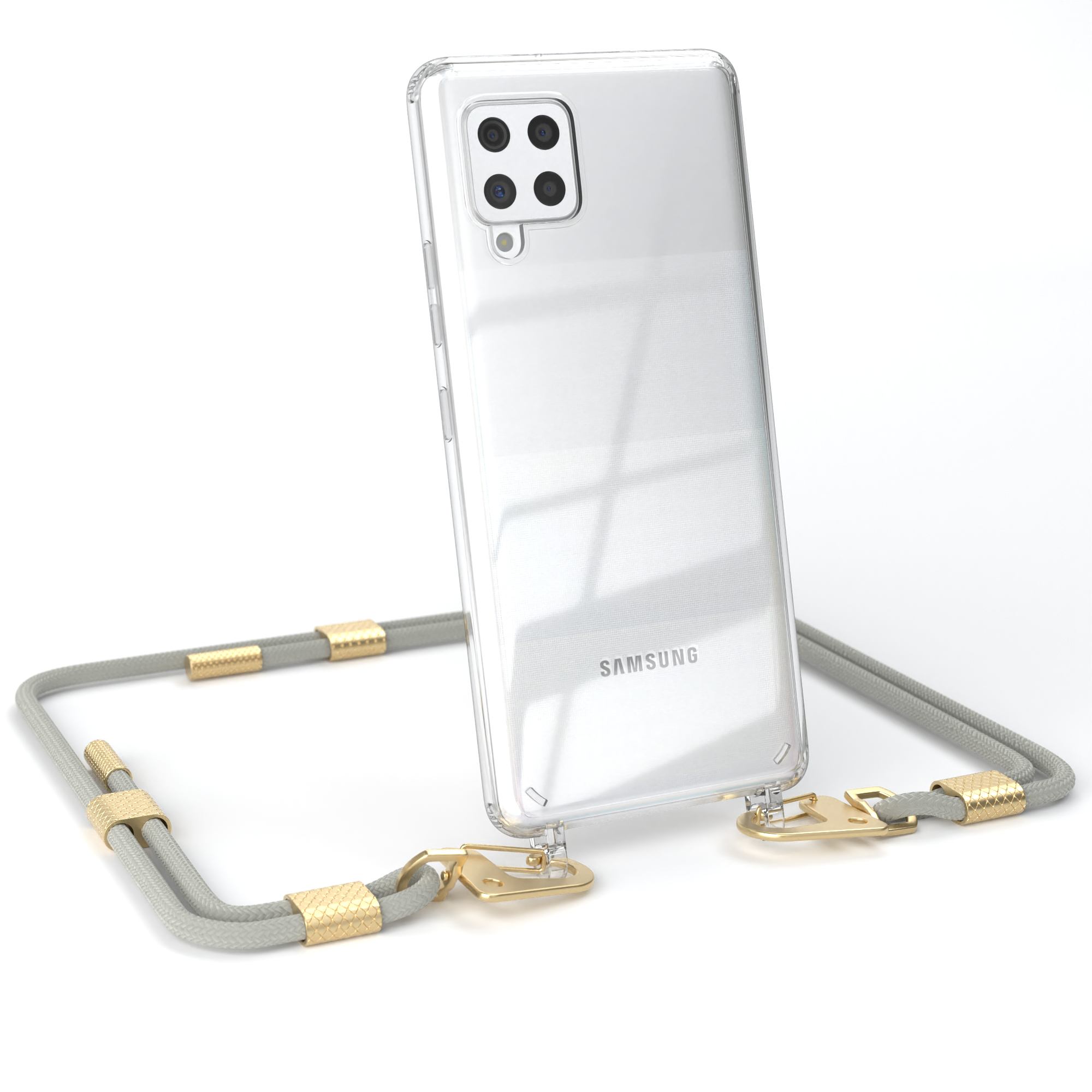 Telefon mit klarer Hülle und grauem Schlüsselband. Das Telefon hat mehrere Kameras.
