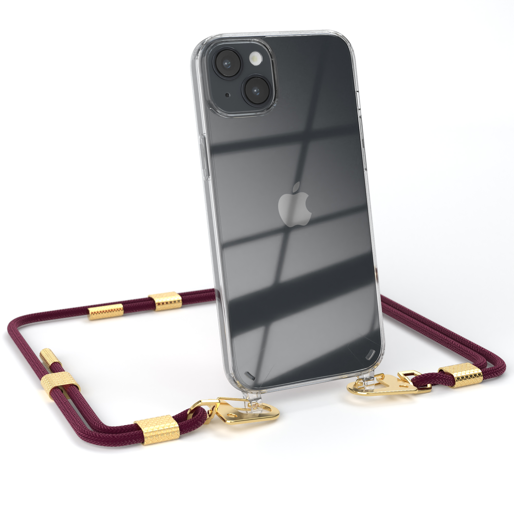 EAZY CASE Transparente Handyhülle mit Bordeaux / 14 Karabiner, + Umhängetasche, Gold runder iPhone Kordel Plus, Apple