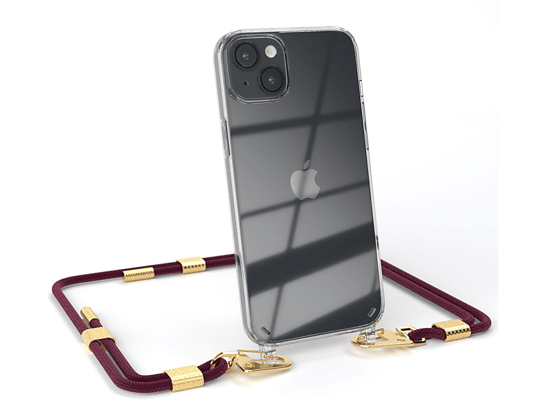 EAZY CASE Transparente Handyhülle mit runder Kordel + Karabiner, Umhängetasche, Apple, iPhone 14 Plus, Bordeaux / Gold