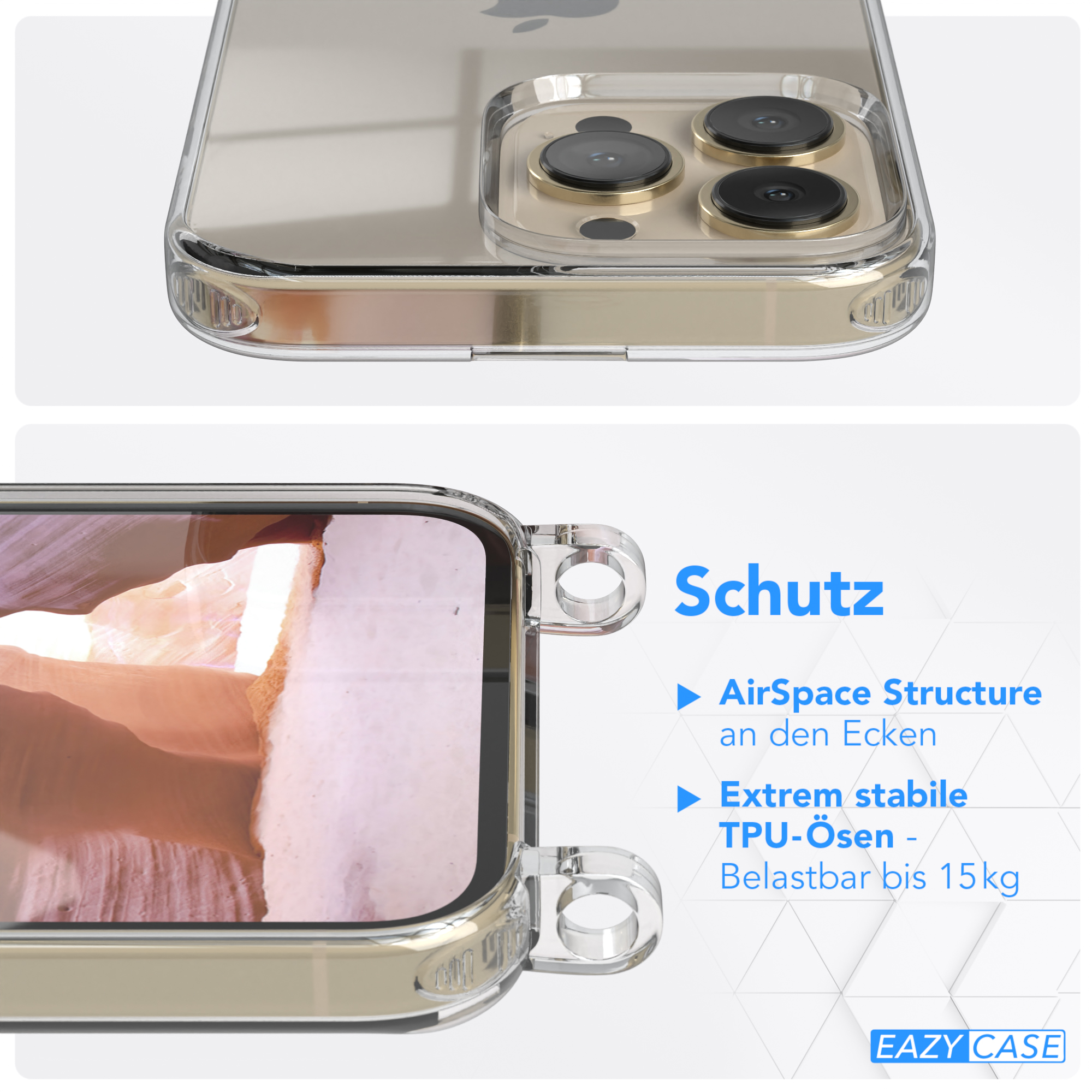 Nahaufnahme einer transparenten Handyhülle mit AirSpace Structure an den Ecken. TPU, bis 15 kg belastbar.
