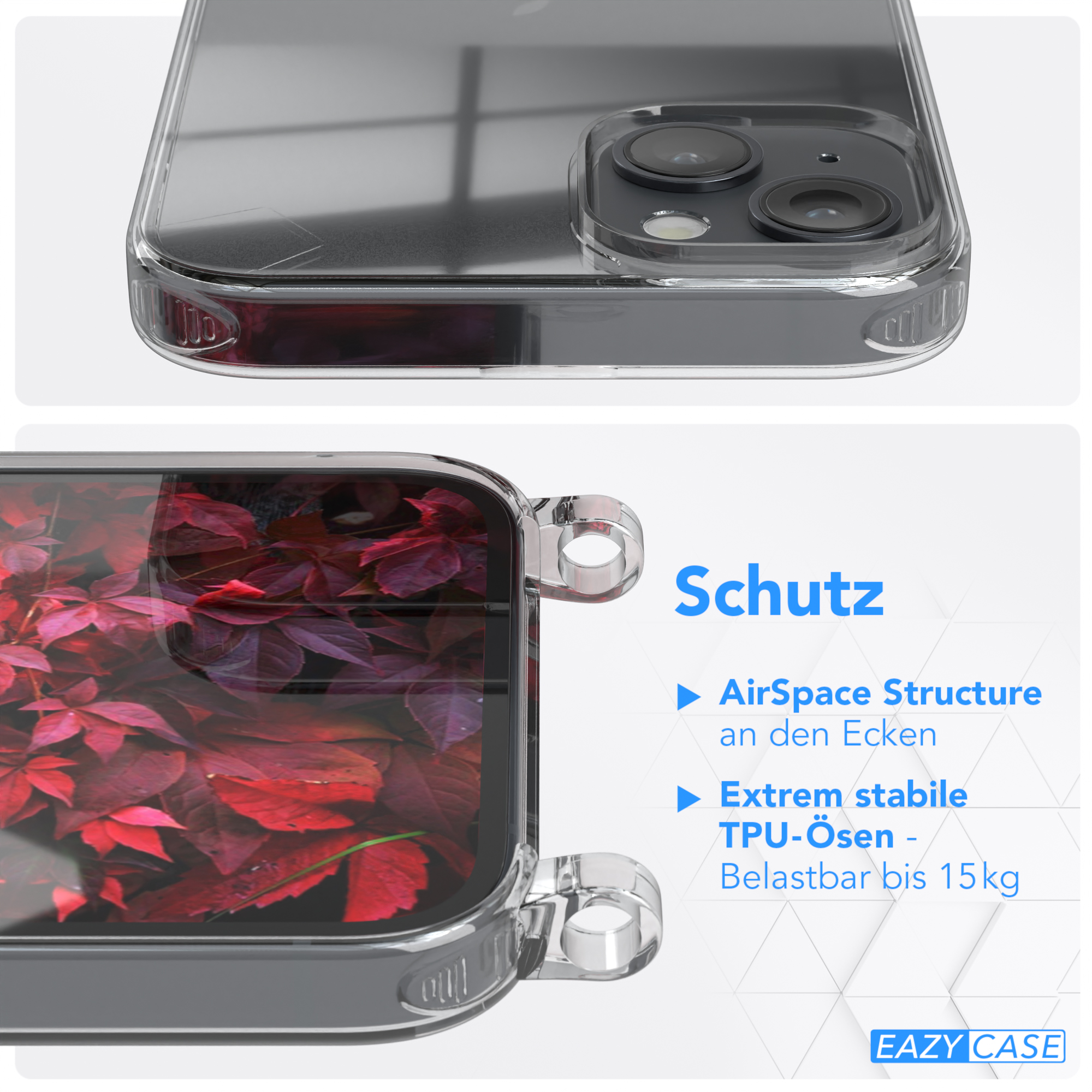 Handyhülle Detail, transparent mit roten Blättern, Schutzfunktionen.