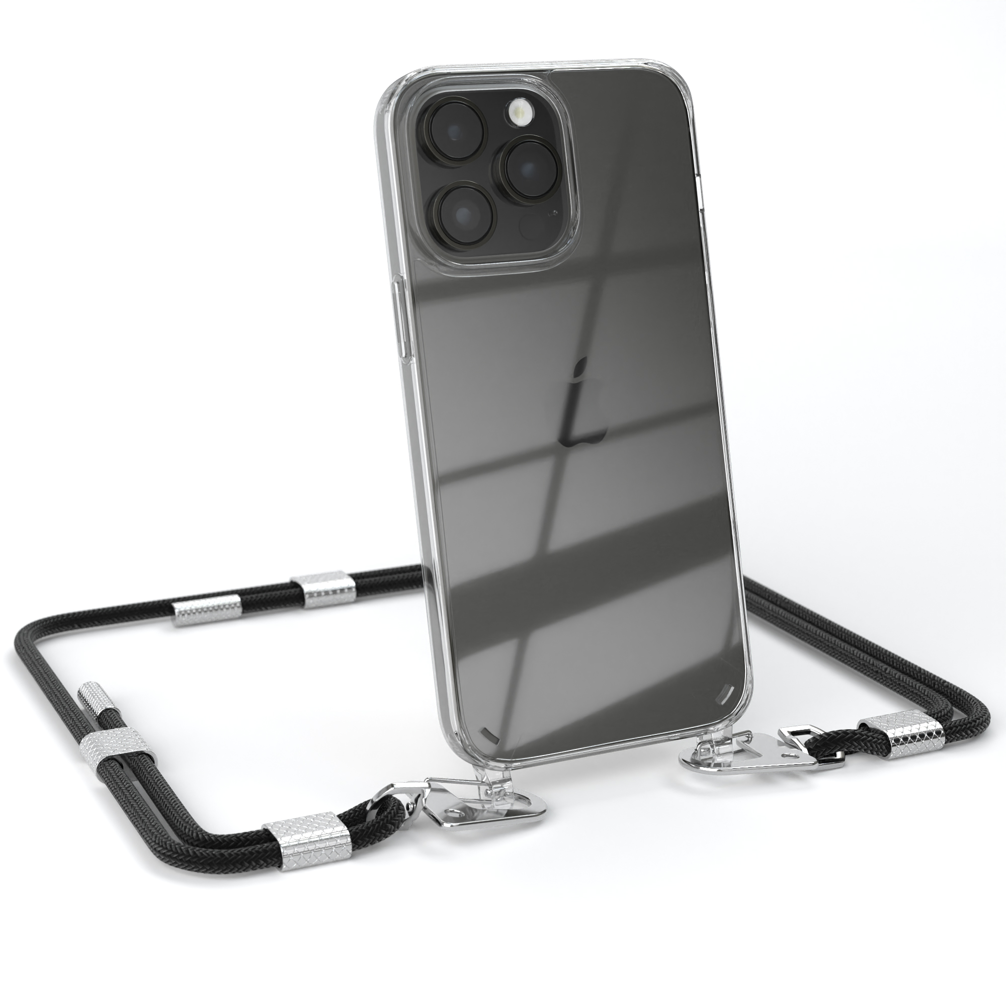 Ein Telefon in einer transparenten Hülle mit einem schwarzen Umhängeband. Weißer Hintergrund.