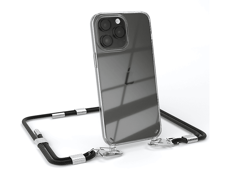 Schwarz + Kordel 14 iPhone Pro / Handyhülle Umhängetasche, Transparente Max, Apple, CASE EAZY Silber runder Karabiner, mit
