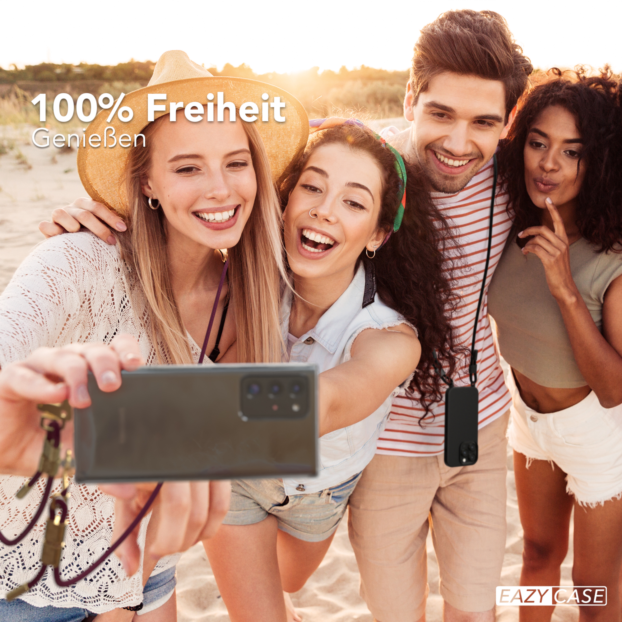 Freunde machen Selfie am Strand. Text '100% Freiheit'.