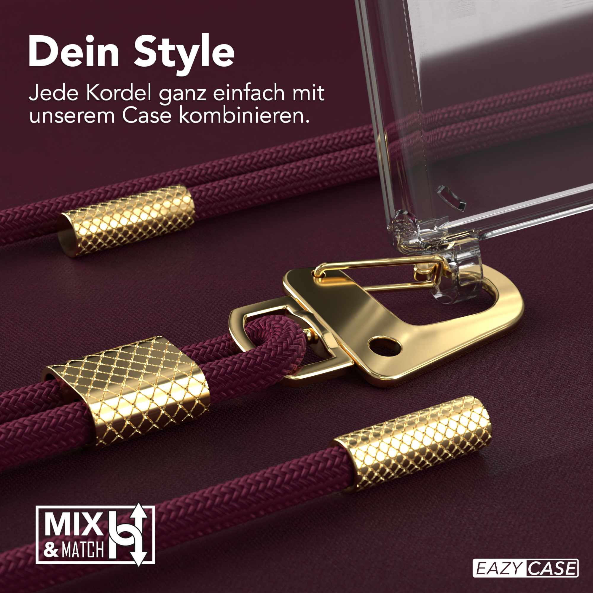 Nahaufnahme von Telefonschnur und goldfarbenen Aufsätzen. Rotes Kabel mit Golddetail, transparente Handyhülle.