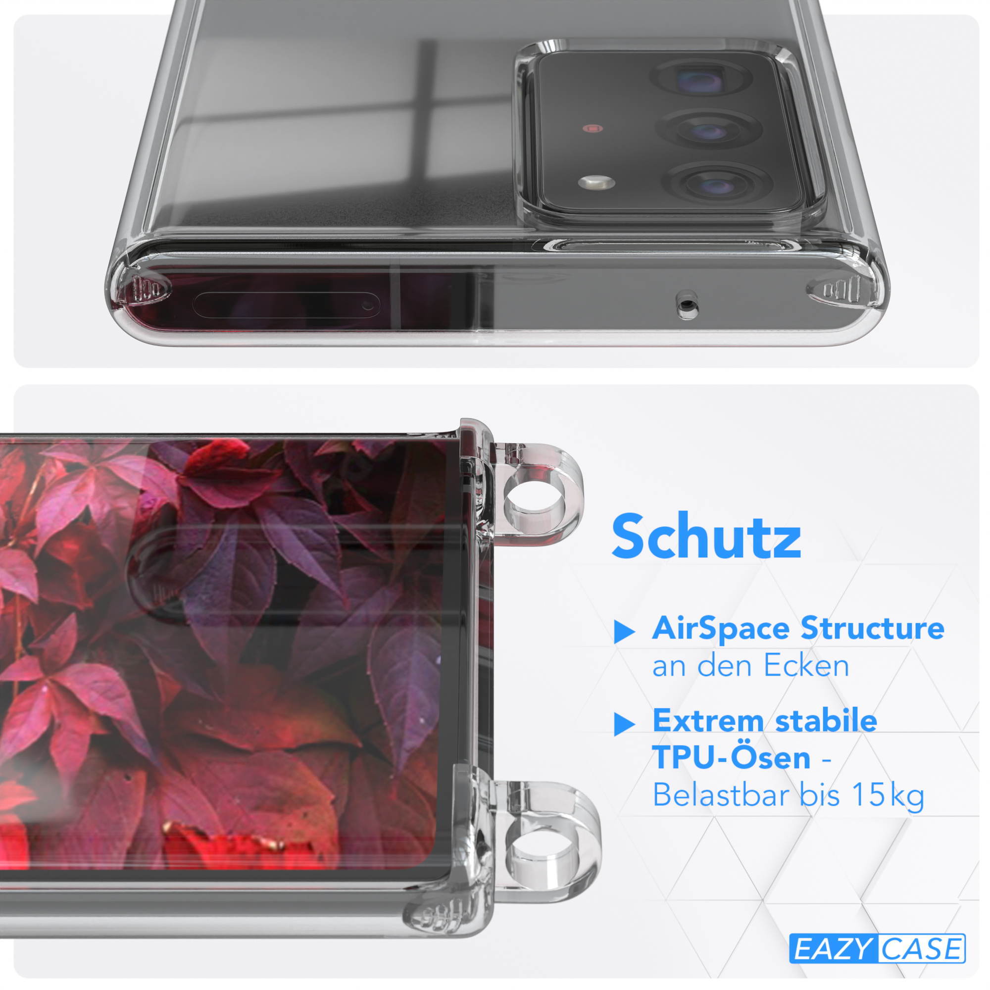 Nahaufnahme einer Handyhülle. Das Gehäuse ist transparent, mit roten Blättern.